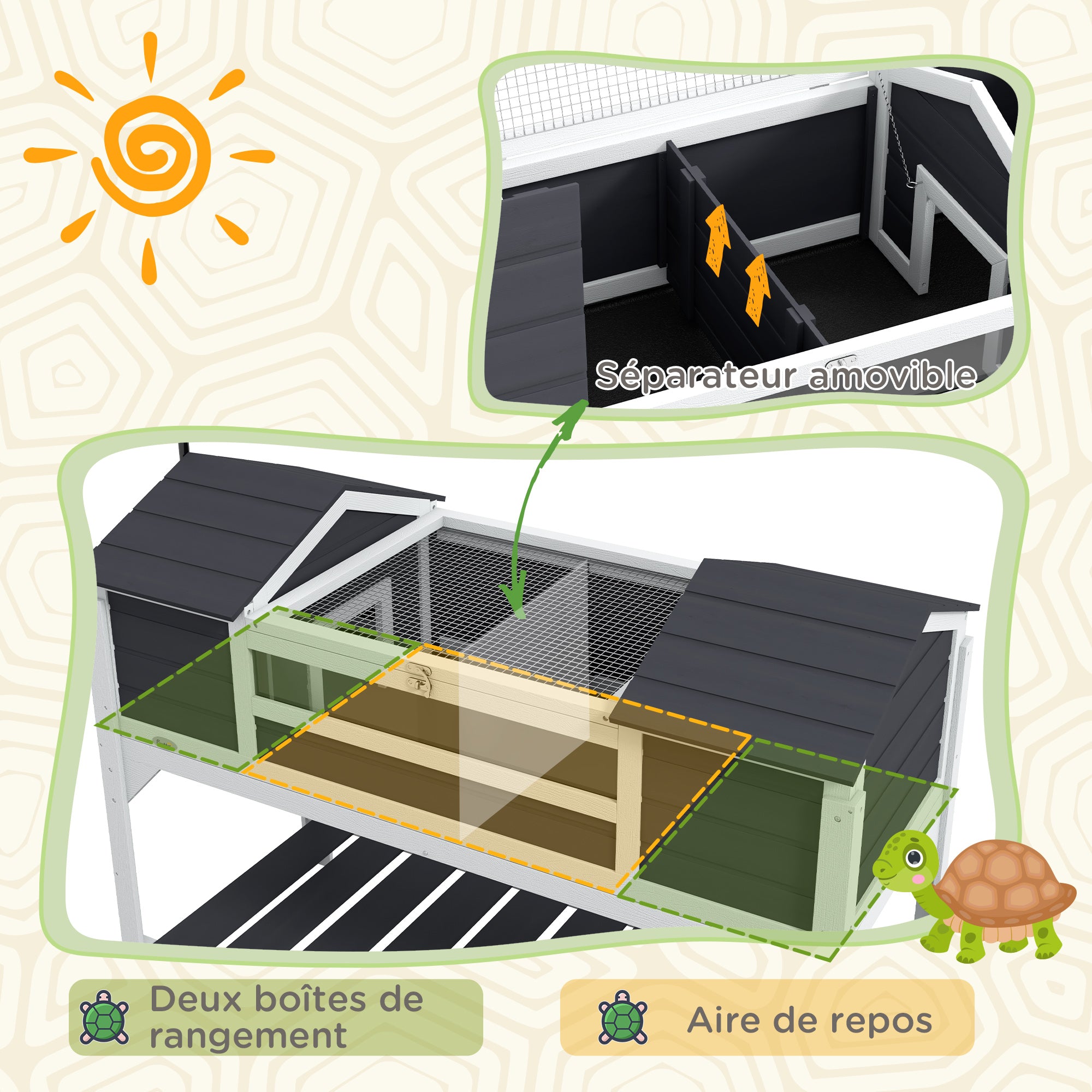 Outdoor Land Turtle House, Wooden Turtle Enclosure, 2 Hideaways, Adjustable Lamp Stand, Openable Roof, Earth Turtle Cage, Transparent Acrylic Window, Gray