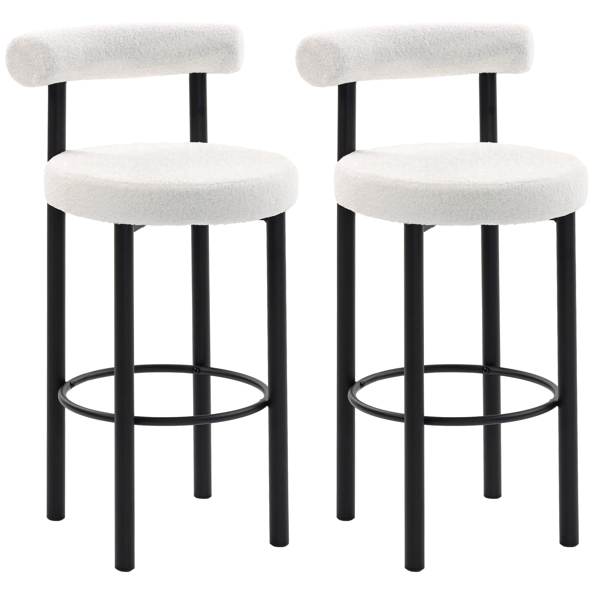 Set of 2 Bouclé Bar Stools with Curved Back, Footrest & Metal Legs, 19.7 x 20.7 x 38.6 in, Cream