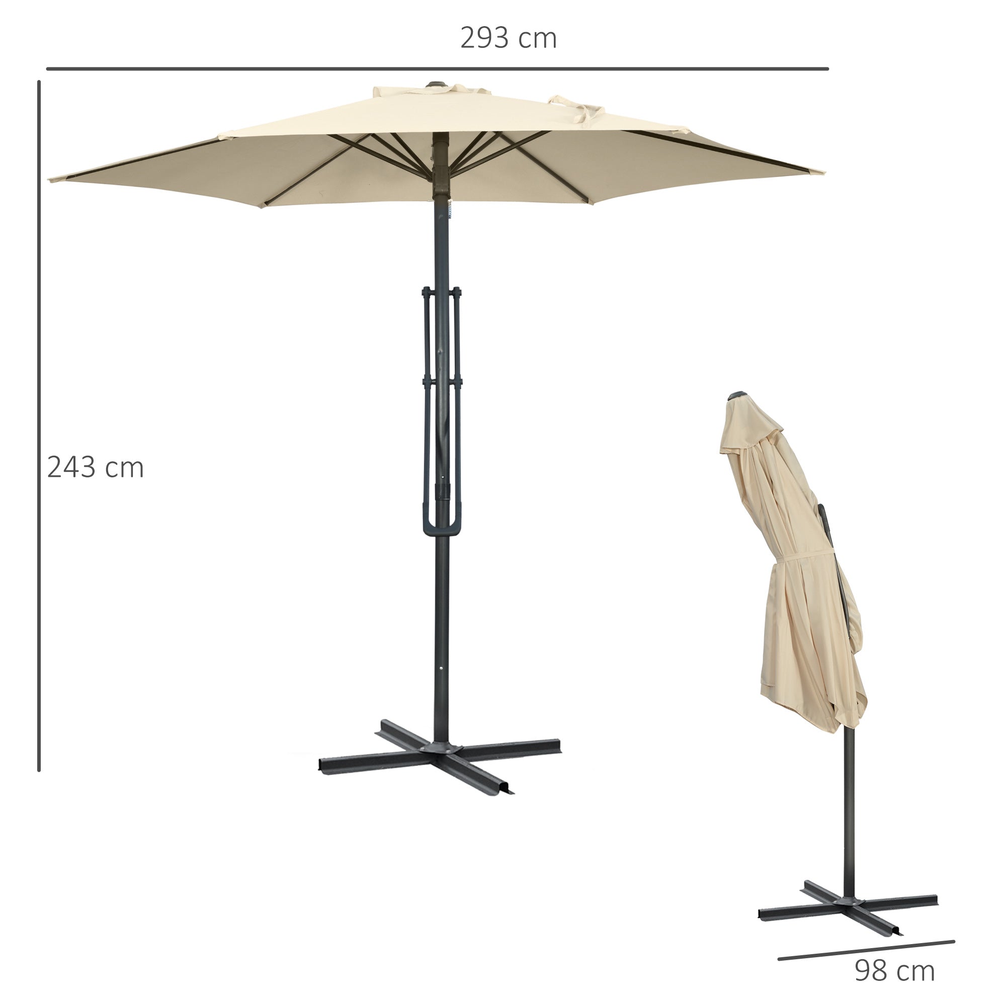 Offset Patio Umbrella Ø293 cm (9.6 ft) with Crank, Cross Base — Water-Resistant, Wind-Resistant, UV Protection, Cream