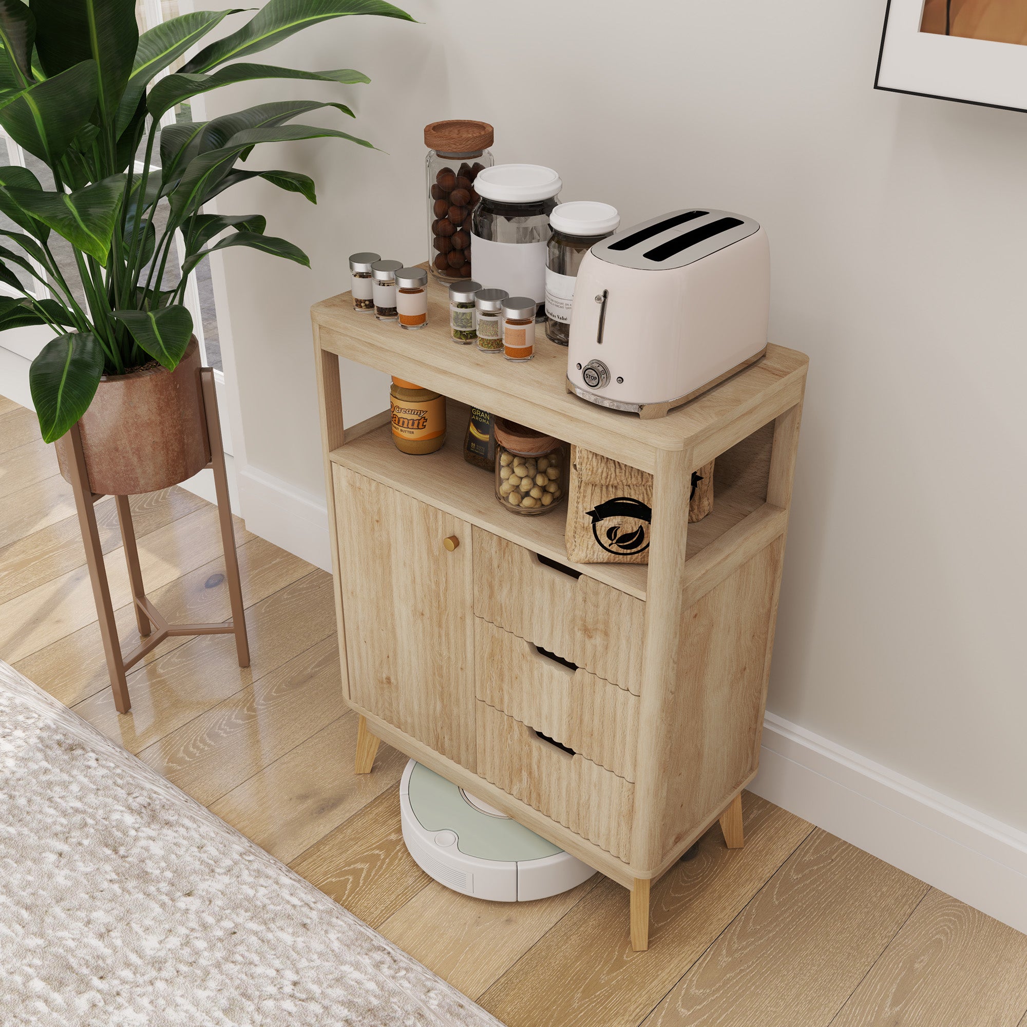 Modern Style Buffet Sideboard Storage Cabinet with Doors, Adjustable Shelf, and Open Shelf - Dining Room, Kitchen, and Living Room Buffet, 60 x 30 x 81 cm, Natural Wood