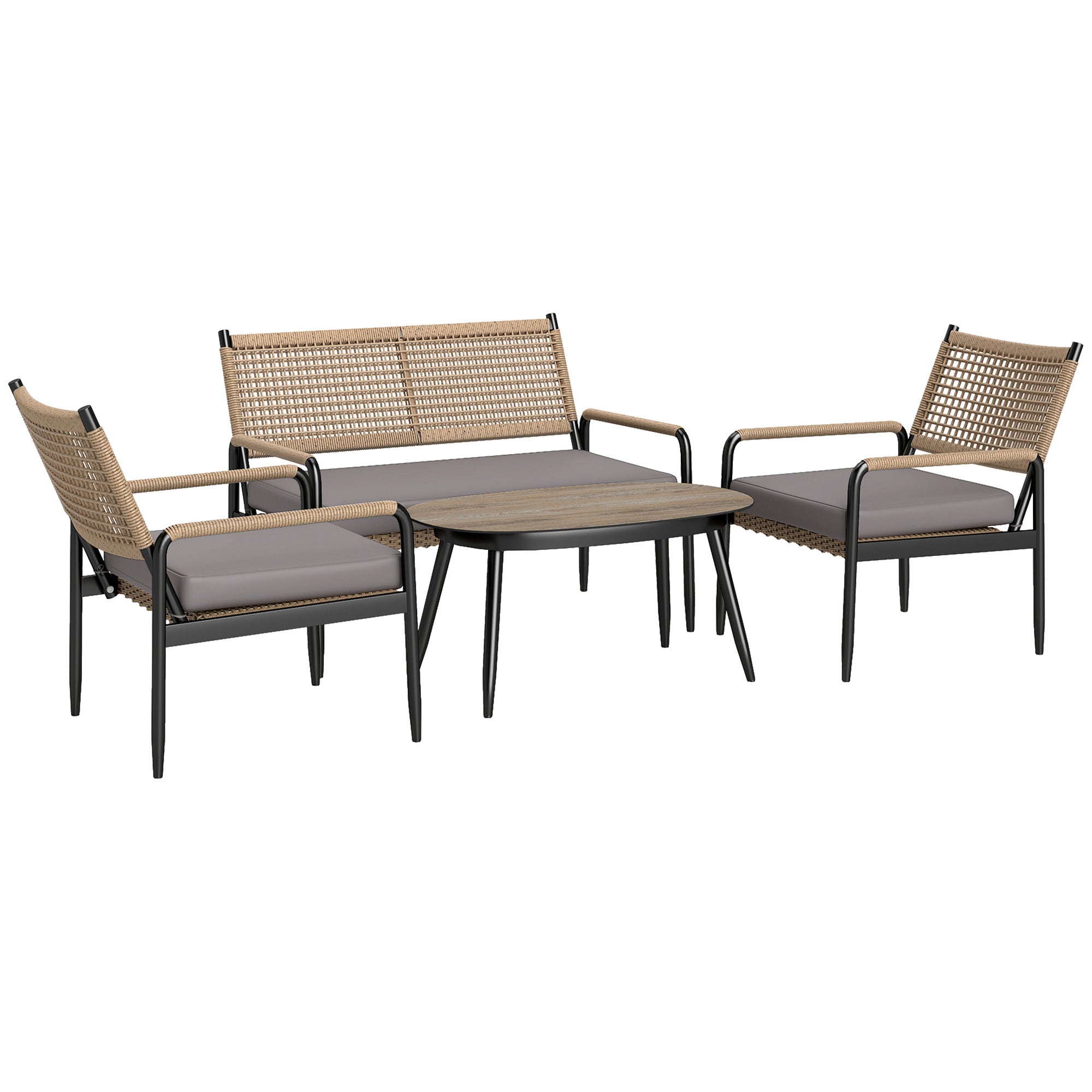 Garden Furniture Set made of Polyrattan Lounge Set with 2-Seater Sofa Armchair Glass Table Cushion Weatherproof Seating Group for 4 Persons Outdoor Balcony Furniture Set Patio Furniture for Garden Balcony Dark Grey+Yellow