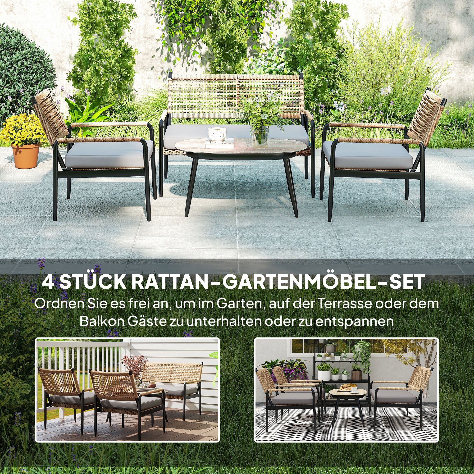 Garden Furniture Set made of Polyrattan Lounge Set with 2-Seater Sofa Armchair Glass Table Cushion Weatherproof Seating Group for 4 Persons Outdoor Balcony Furniture Set Patio Furniture for Garden Balcony Dark Grey+Yellow