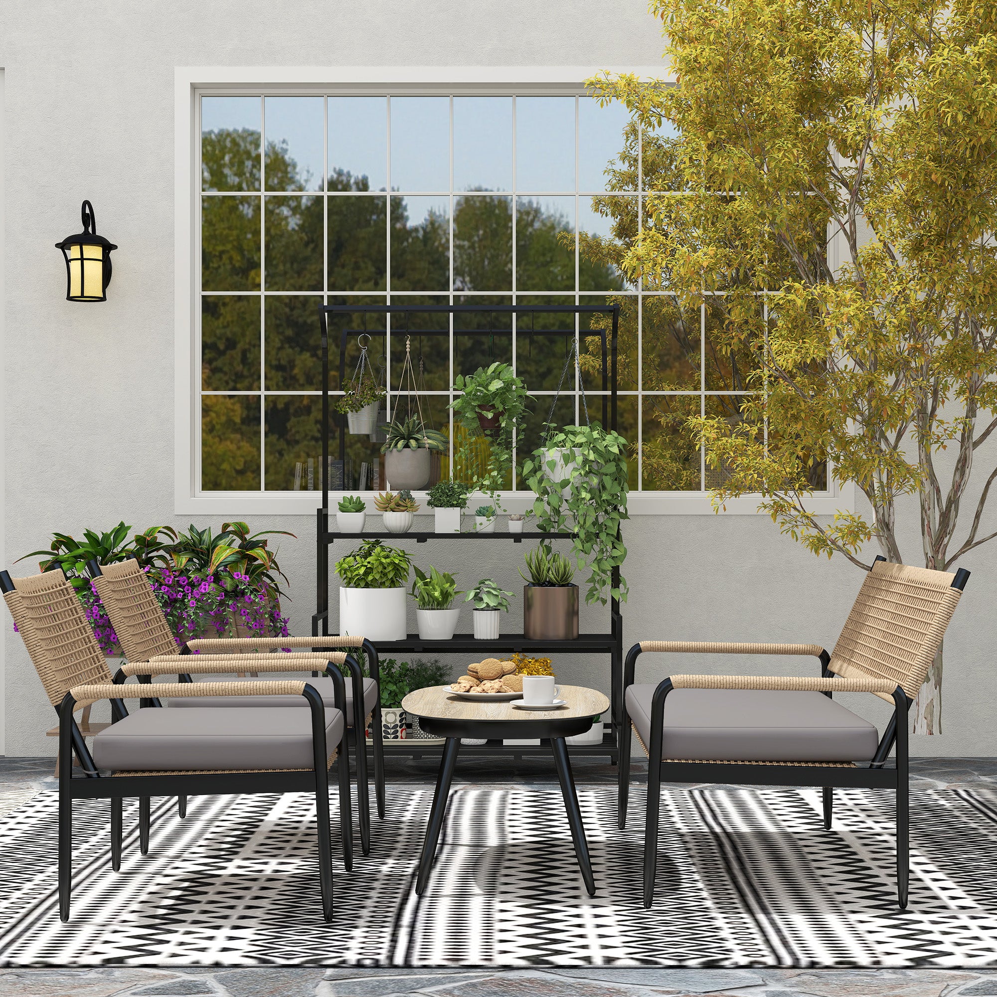 Garden Furniture Set made of Polyrattan Lounge Set with 2-Seater Sofa Armchair Glass Table Cushion Weatherproof Seating Group for 4 Persons Outdoor Balcony Furniture Set Patio Furniture for Garden Balcony Dark Grey+Yellow