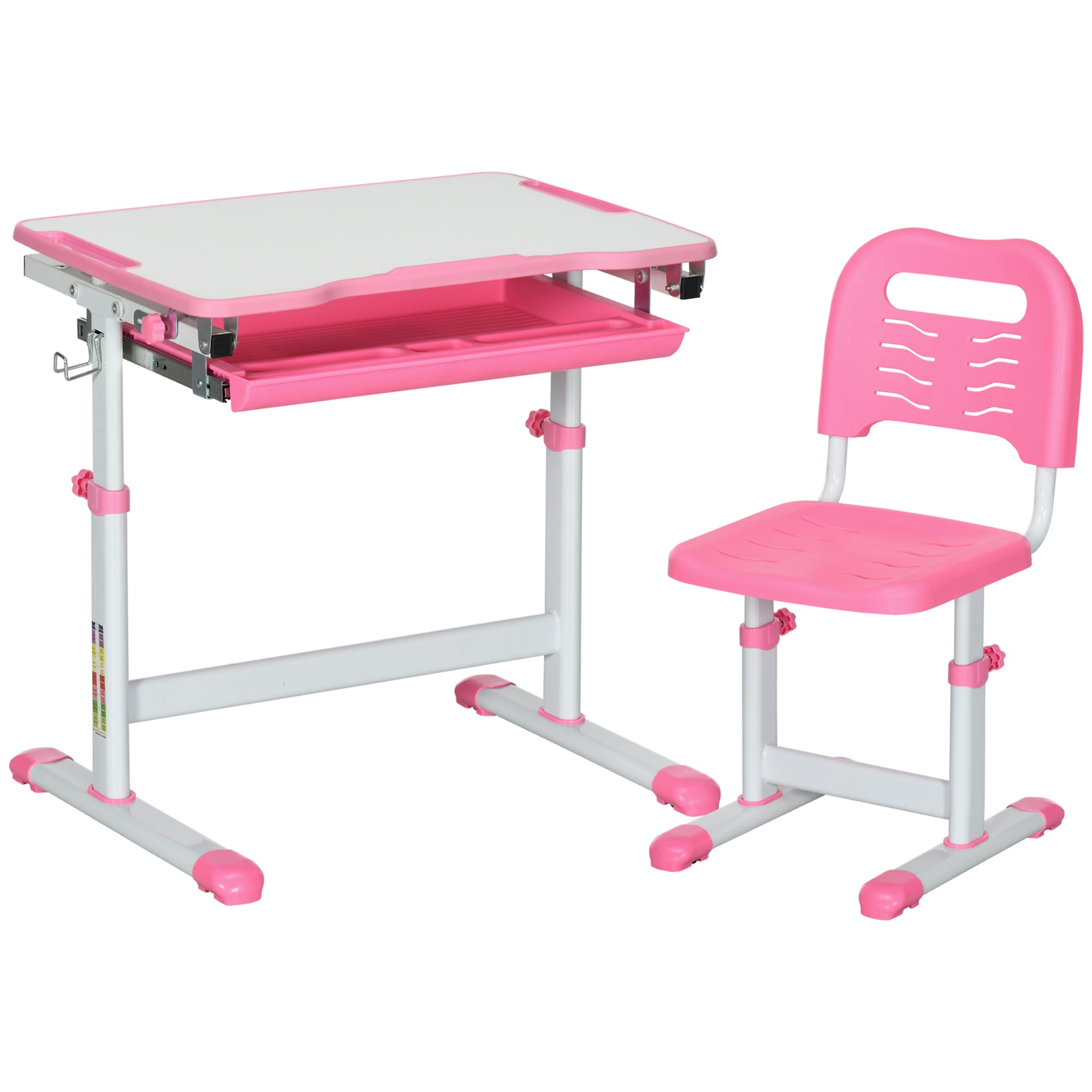 Adjustable Height School Desk for Children 6-12 Years, Desk and Chair Set with 45° Tilting Desktop, Drawer, 2 Pen Holders, and Hook, Pink