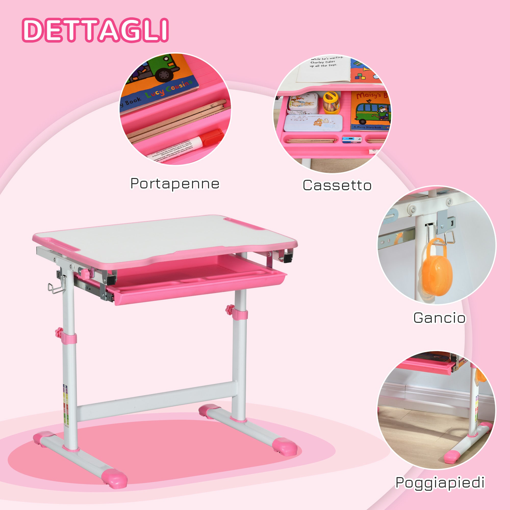 Adjustable Height School Desk for Children 6-12 Years, Desk and Chair Set with 45° Tilting Desktop, Drawer, 2 Pen Holders, and Hook, Pink
