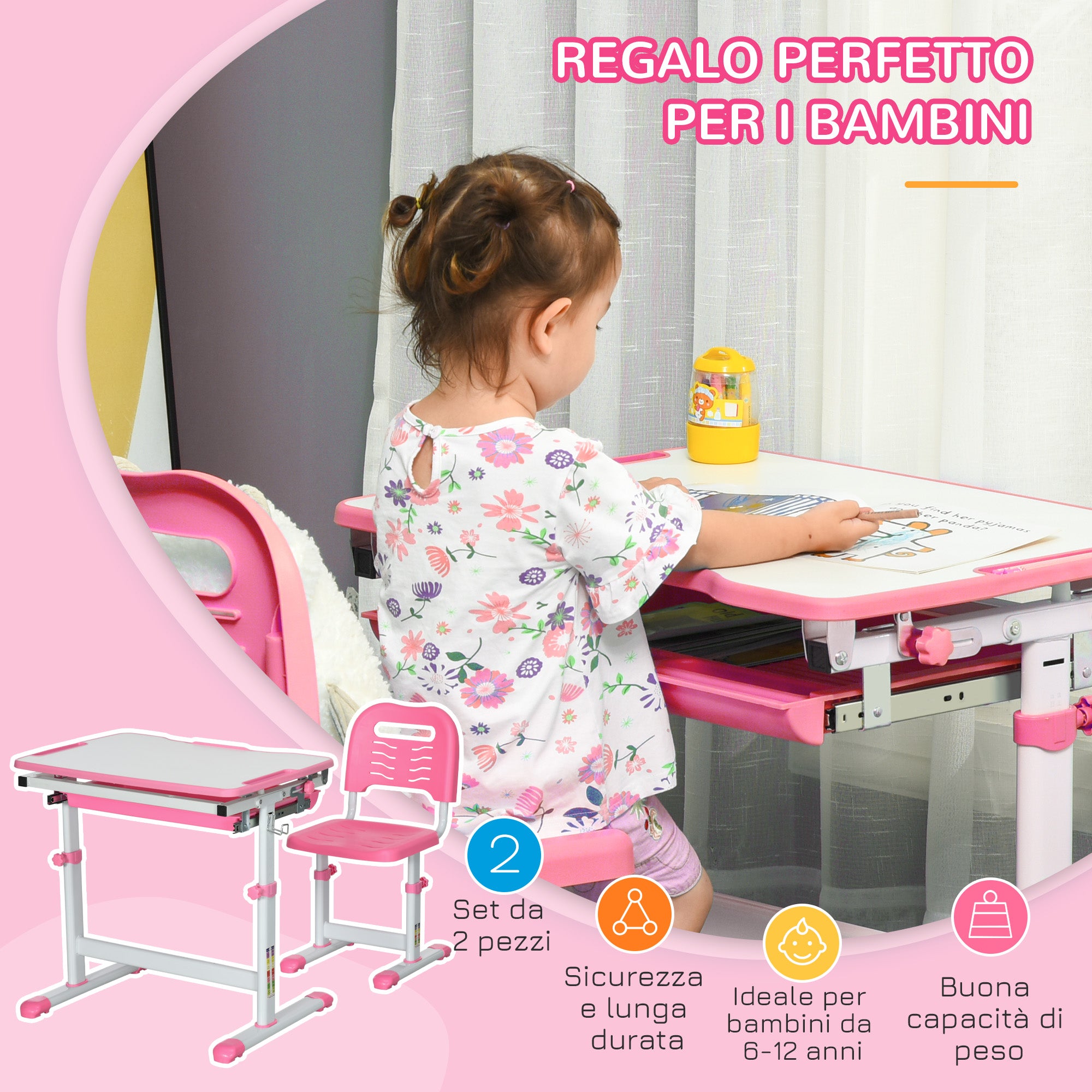Adjustable Height School Desk for Children 6-12 Years, Desk and Chair Set with 45° Tilting Desktop, Drawer, 2 Pen Holders, and Hook, Pink