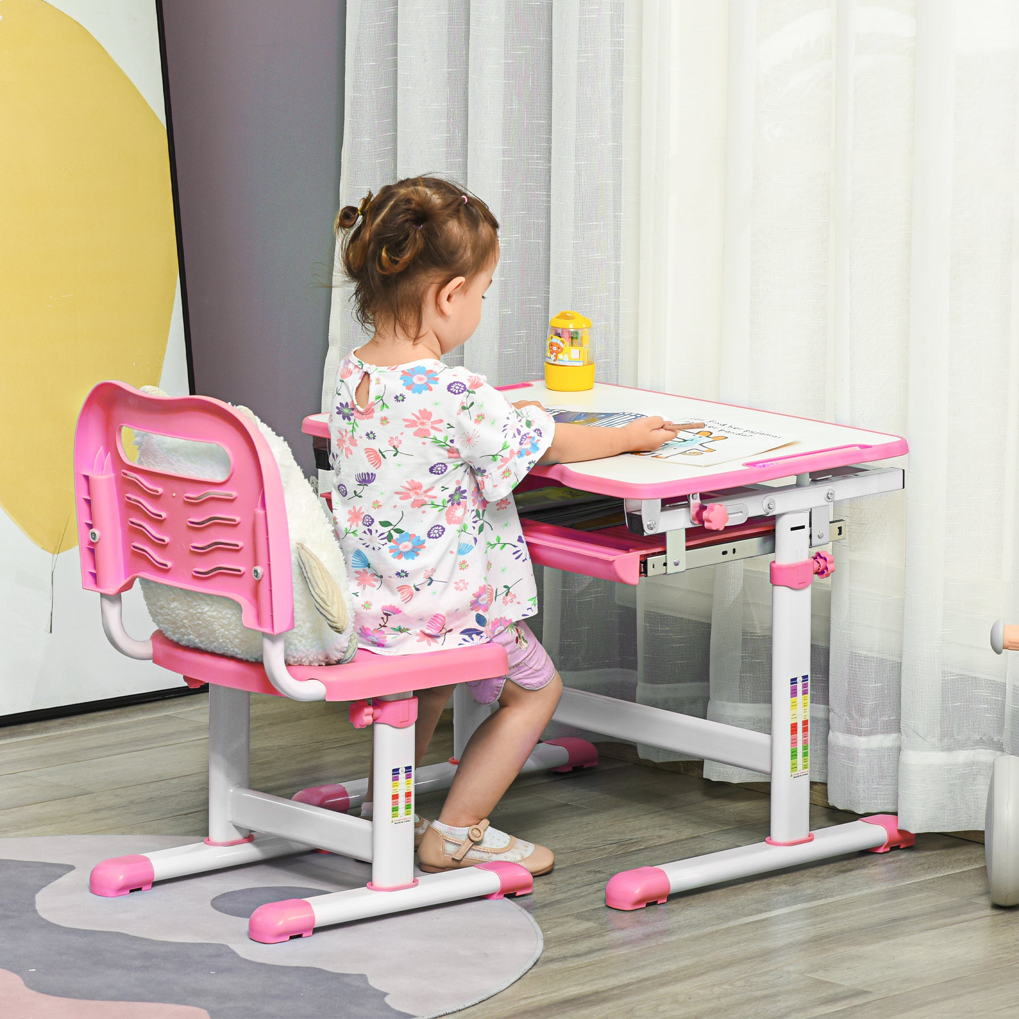 Adjustable Height School Desk for Children 6-12 Years, Desk and Chair Set with 45° Tilting Desktop, Drawer, 2 Pen Holders, and Hook, Pink