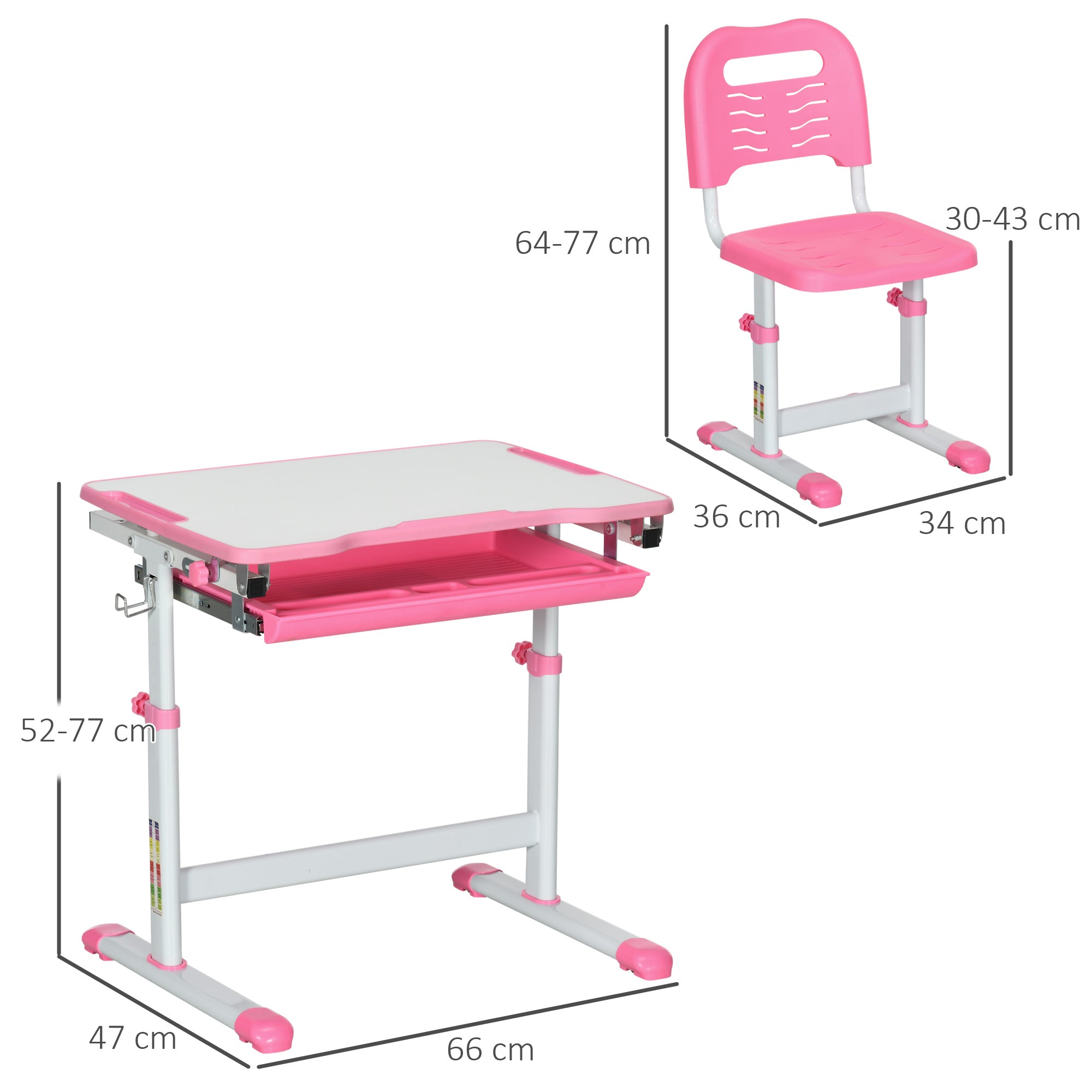 Adjustable Height School Desk for Children 6-12 Years, Desk and Chair Set with 45° Tilting Desktop, Drawer, 2 Pen Holders, and Hook, Pink