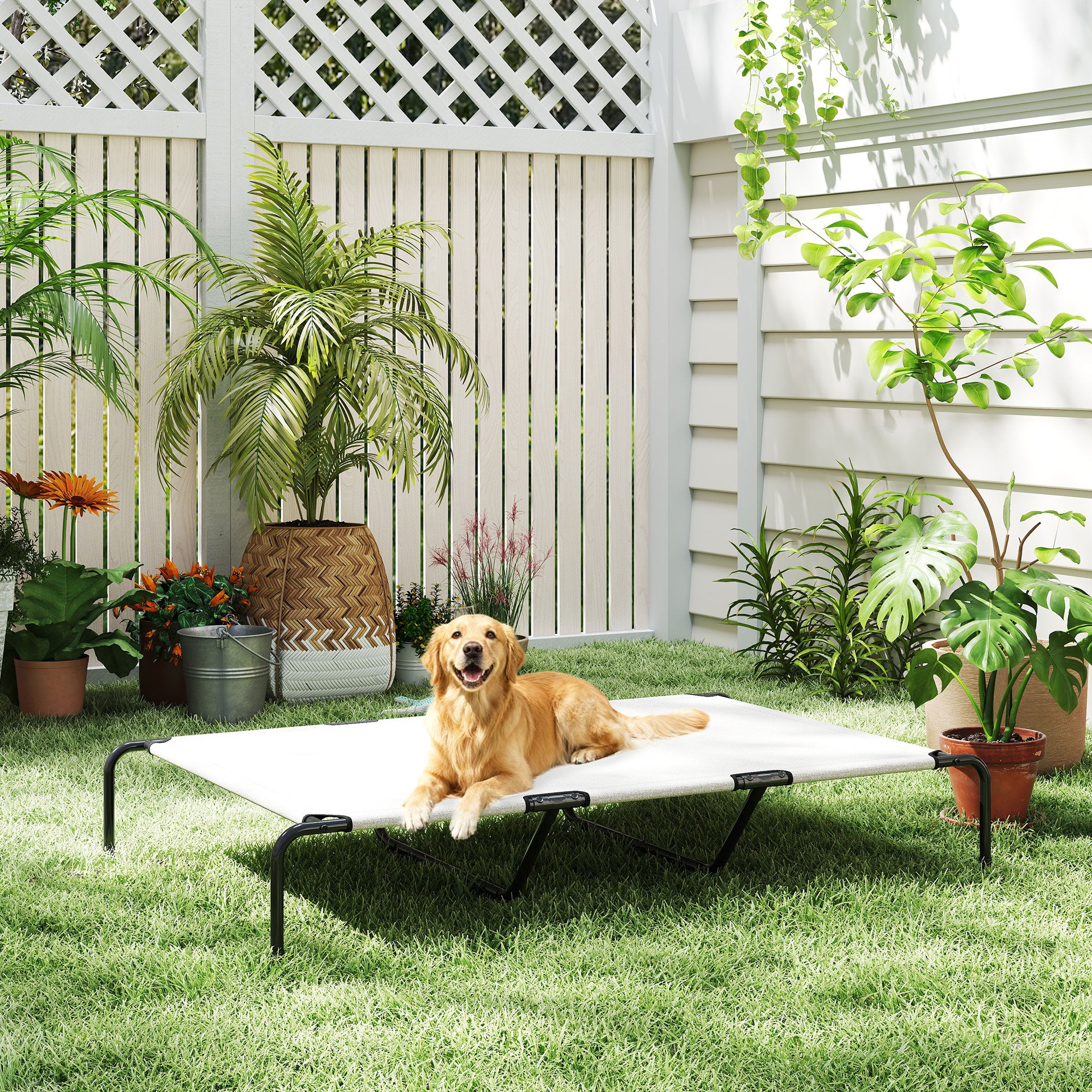 Outdoor Dog Lounger — Elevated Bed for Large Dogs, Cooling Pet Cot with Steel Frame and Breathable Mesh, Portable for Outdoors & Camping — 60 x 37 x 9 in (152 x 94 x 23 cm), Beige