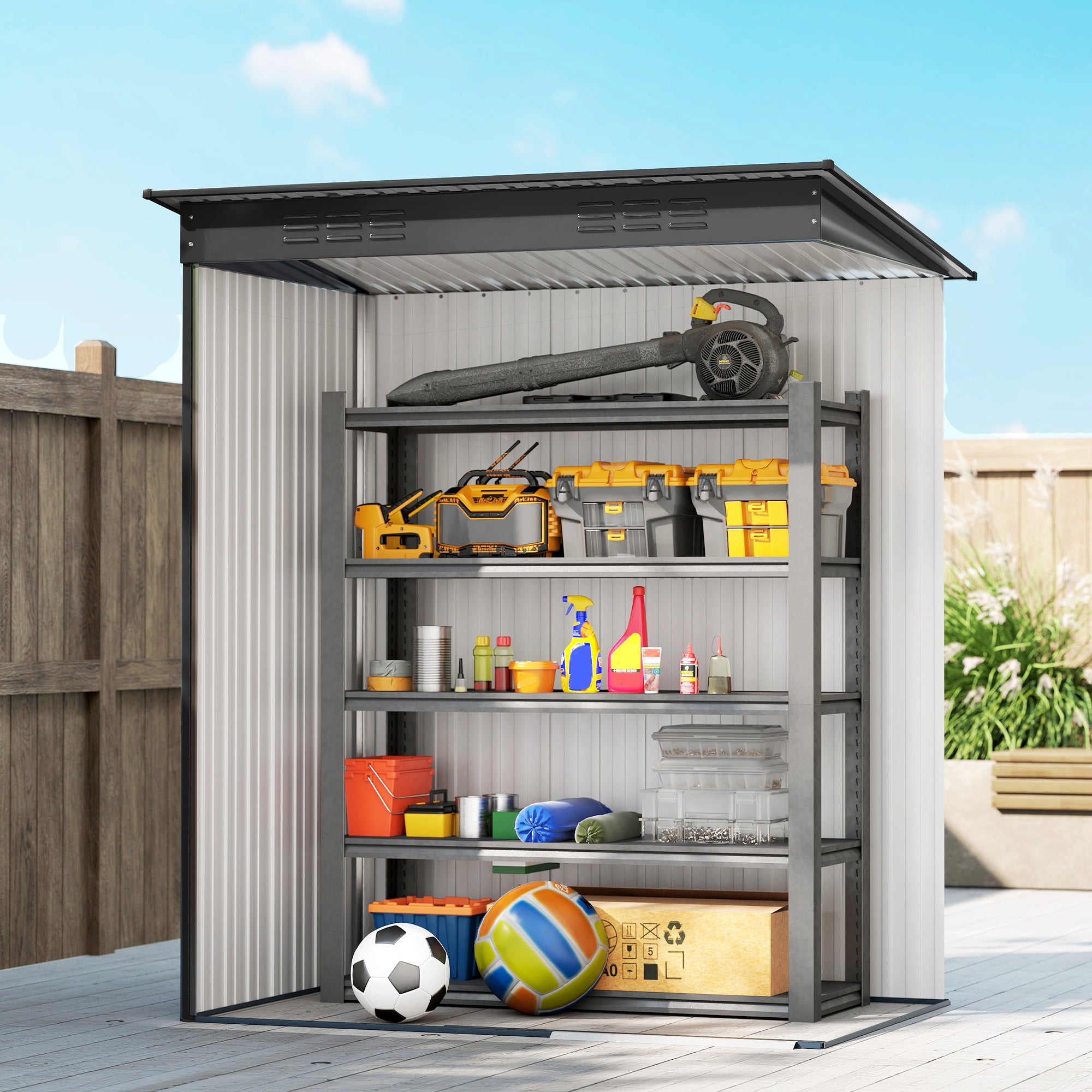 Metal Garden Shed 14.8 sq ft (1.37 m²) — 159 x 106 x 181 cm (62.6 x 41.7 x 71.3 in), Sliding Door, Vents, Sloped Roof, 2 Pairs of Gloves Included, Easy Assembly — Dark Gray
