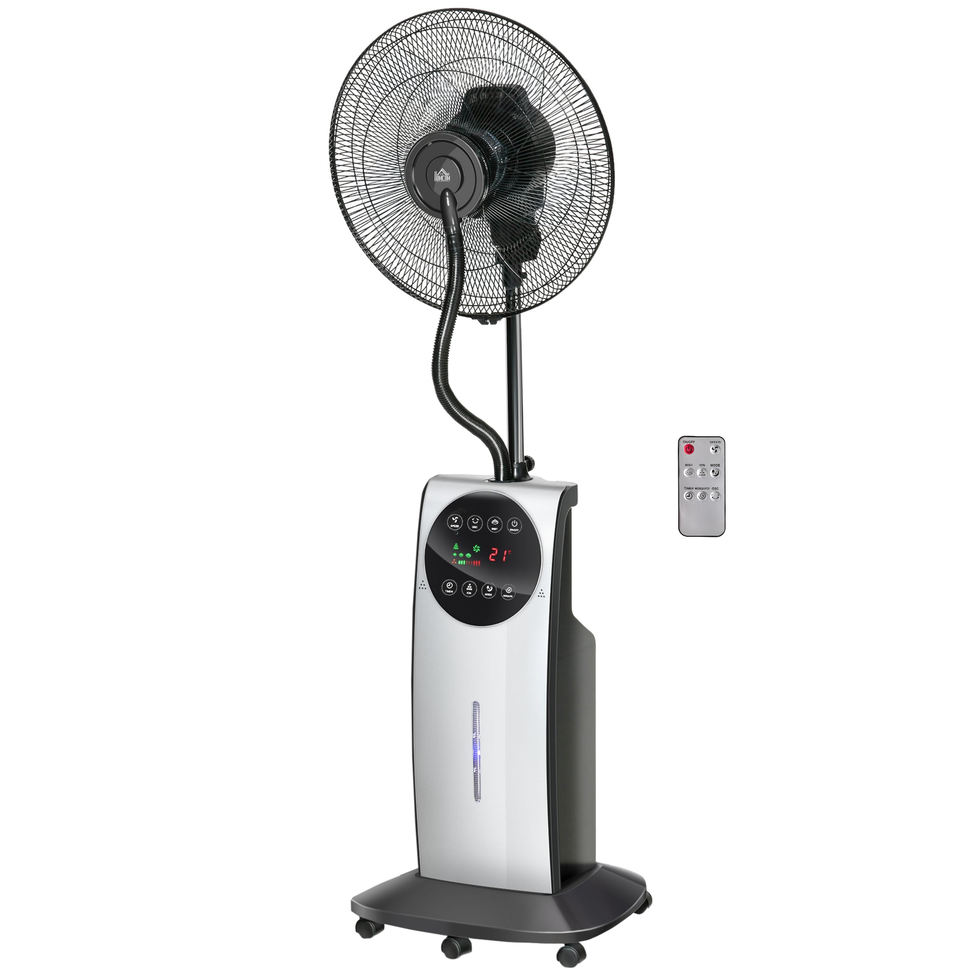 Silent Misting Fan 90 W, 135 cm Stand Fan with 3 modes 3 speeds, remote control, 12H timer, 70° oscillation, LED screen, 3.1L water tank, gray and black