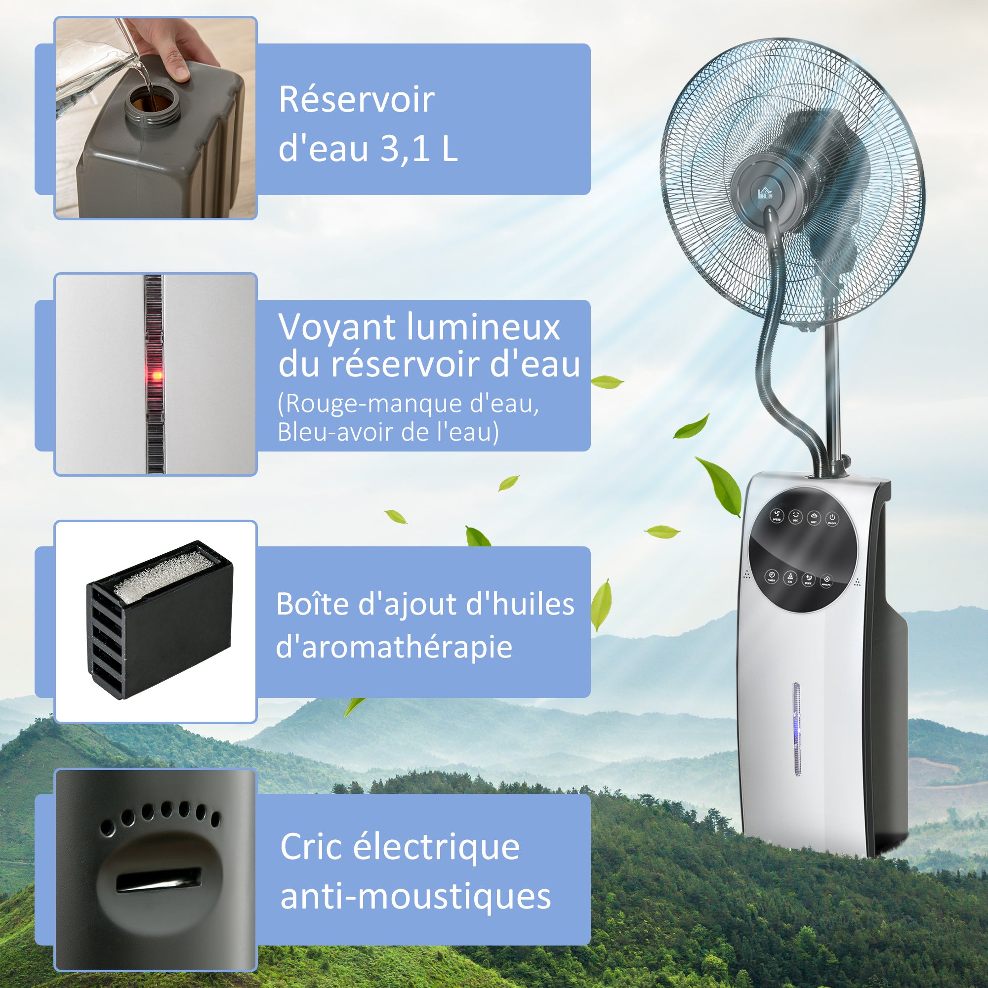 Silent Misting Fan 90 W, 135 cm Stand Fan with 3 modes 3 speeds, remote control, 12H timer, 70° oscillation, LED screen, 3.1L water tank, gray and black