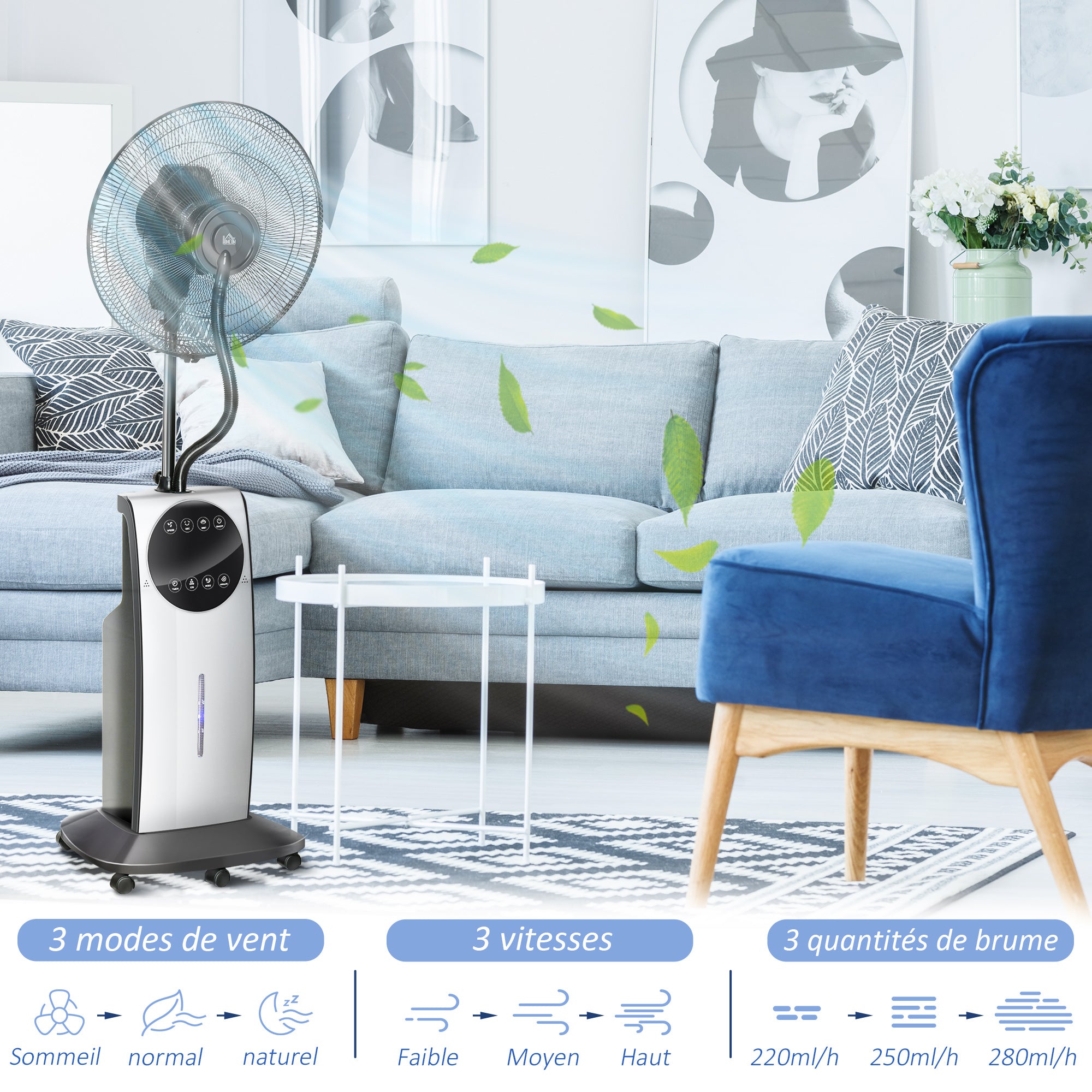 Silent Misting Fan 90 W, 135 cm Stand Fan with 3 modes 3 speeds, remote control, 12H timer, 70° oscillation, LED screen, 3.1L water tank, gray and black