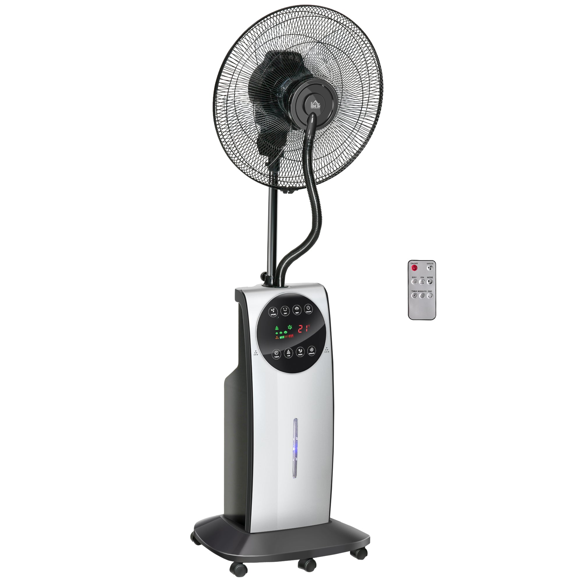 Silent Misting Fan 90 W, 135 cm Stand Fan with 3 modes 3 speeds, remote control, 12H timer, 70° oscillation, LED screen, 3.1L water tank, gray and black