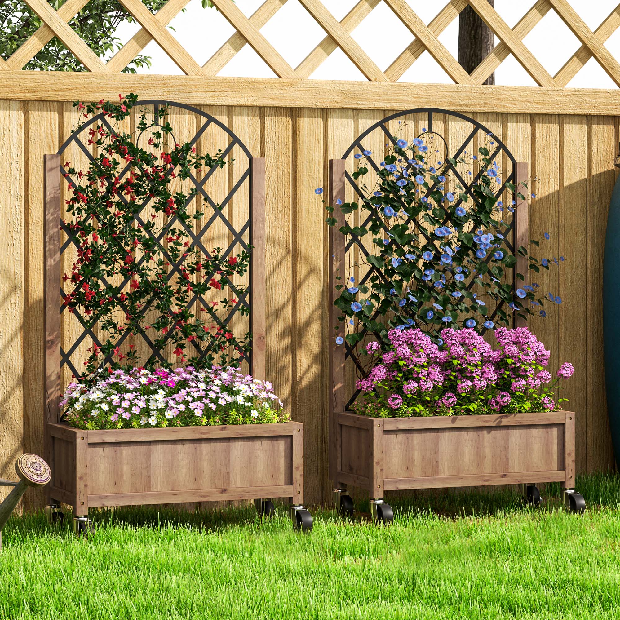 2-Piece Set Raised Bed Planters with Wheels, Trellis, Espalier Plant Pot Wooden Flower Box, Garden Espalier 52x25x97cm for Garden Balcony Terrace, Flower Pot for Climbing Plants Basket Plants