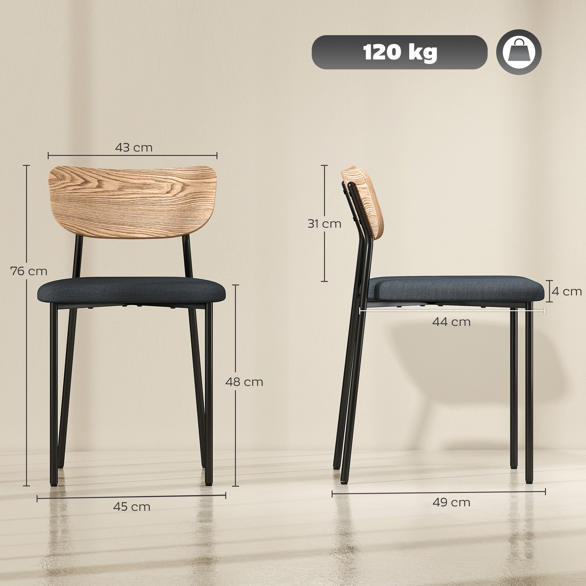 Dining Chairs 2-Piece Set Kitchen Chair with Backrest, Linen Look, Armless Chairs, Upholstered Chair with Steel Legs, Living Room Chair for Dining Table, Gray