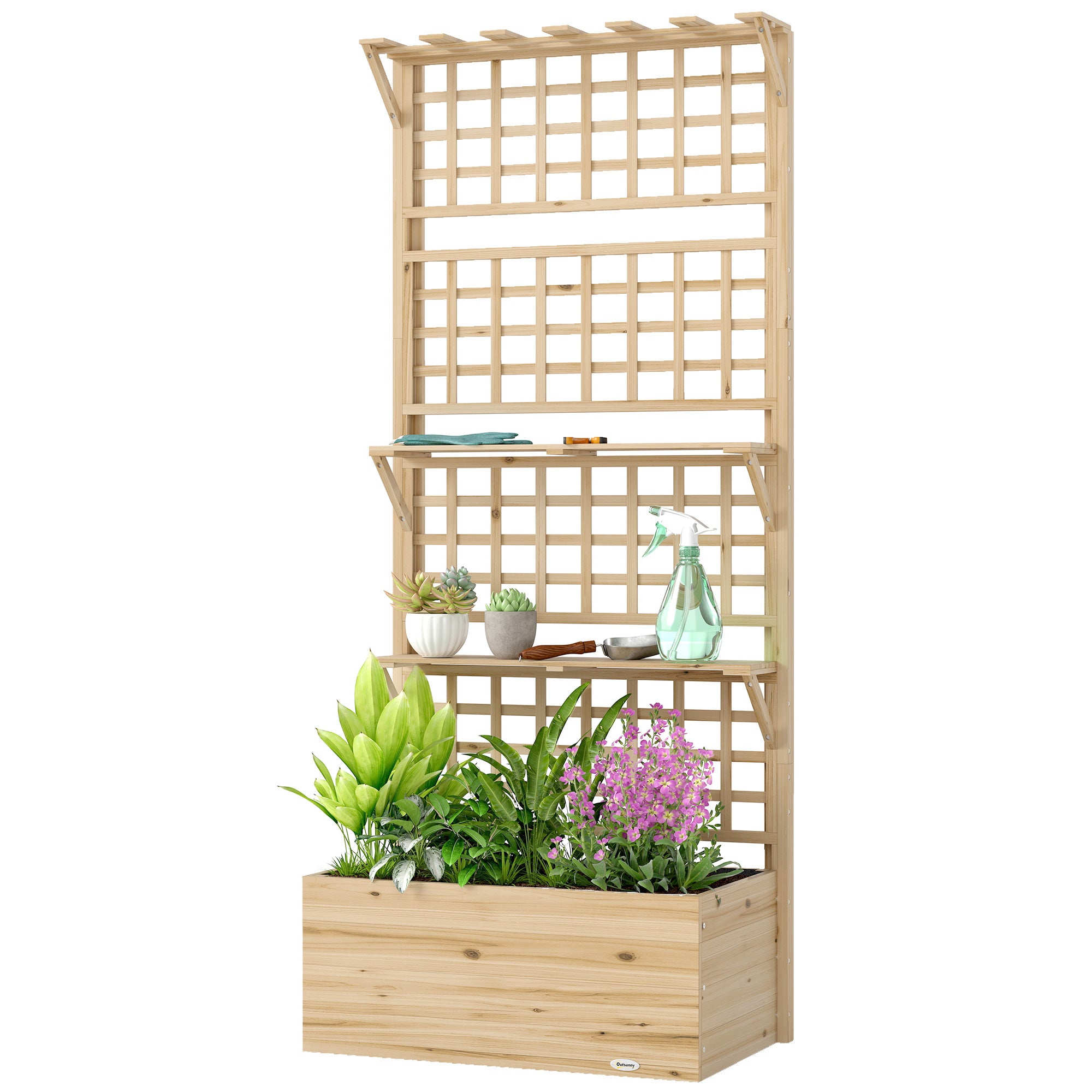 Raised Wooden Planter with Trellis & Roof, Large Outdoor Spruce Planter for Climbing Plants, 2 Shelves, Drainage & Liner, 76 x 43.5 x 177 cm (29.9 x 17.1 x 69.7 in), Natural