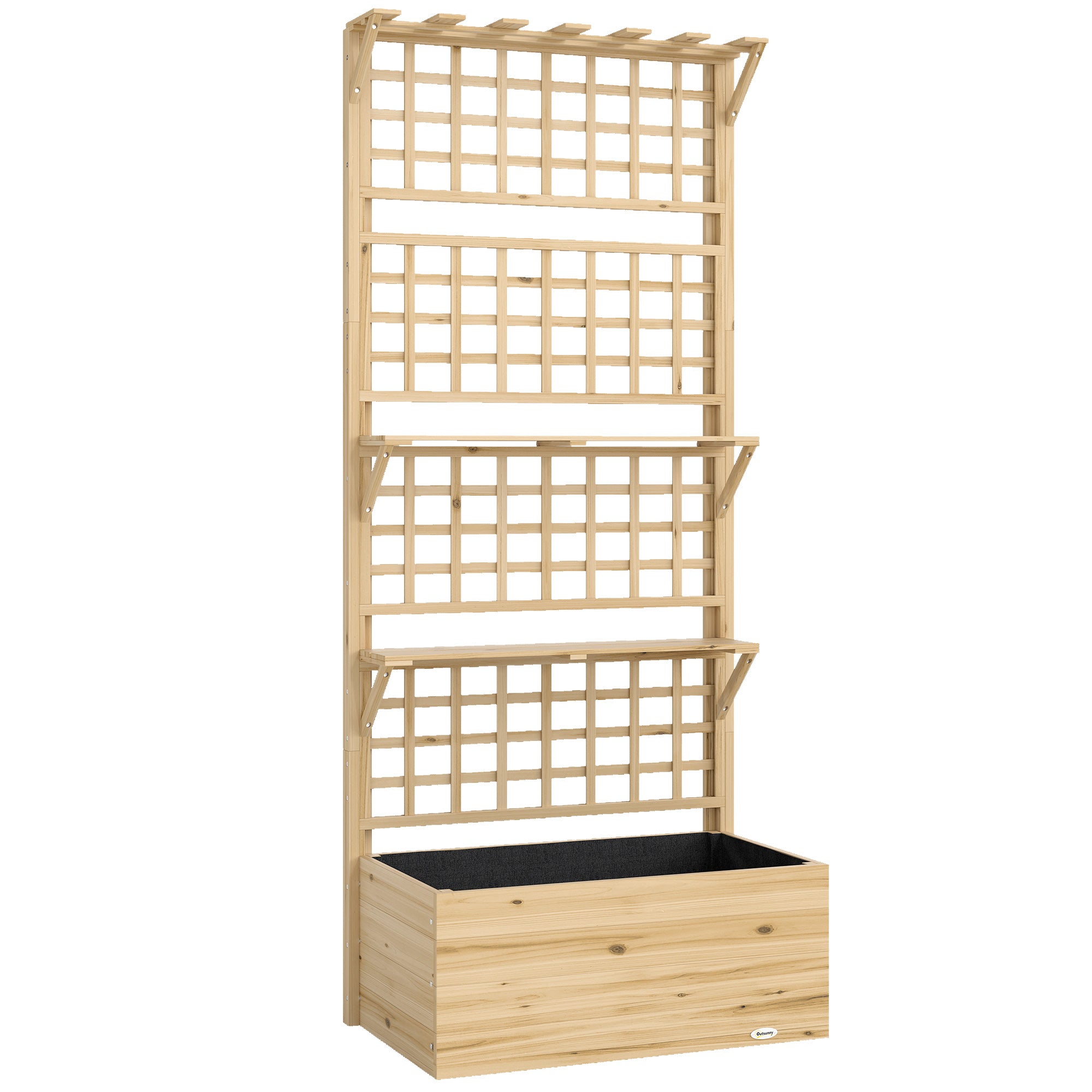 Raised Wooden Planter with Trellis & Roof, Large Outdoor Spruce Planter for Climbing Plants, 2 Shelves, Drainage & Liner, 76 x 43.5 x 177 cm (29.9 x 17.1 x 69.7 in), Natural