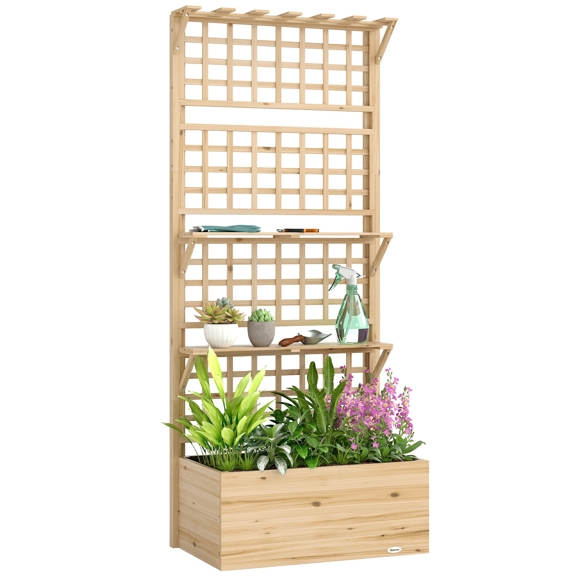Raised Wooden Planter with Trellis & Roof, Large Outdoor Spruce Planter for Climbing Plants, 2 Shelves, Drainage & Liner, 76 x 43.5 x 177 cm (29.9 x 17.1 x 69.7 in), Natural