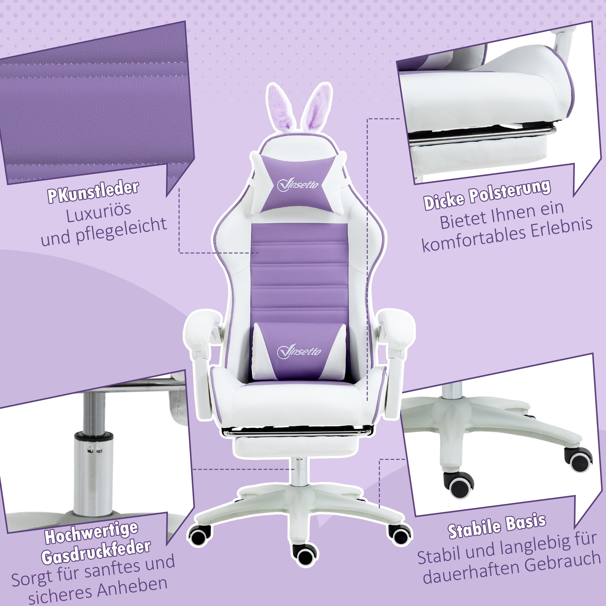 Gaming Chair Ergonomic Gamer Chair with Lumbar Support, Footrest, Gaming Seat with Rabbit Ears, Headrest, Office Chair with Adjustable Backrest Reclining Function Purple