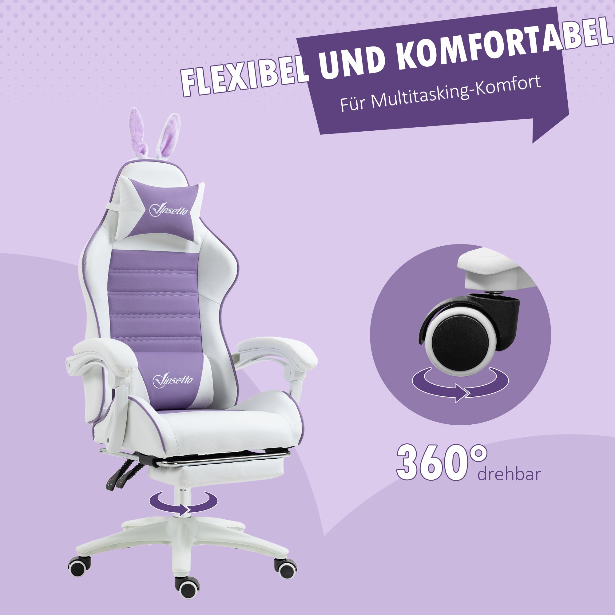 Gaming Chair Ergonomic Gamer Chair with Lumbar Support, Footrest, Gaming Seat with Rabbit Ears, Headrest, Office Chair with Adjustable Backrest Reclining Function Purple