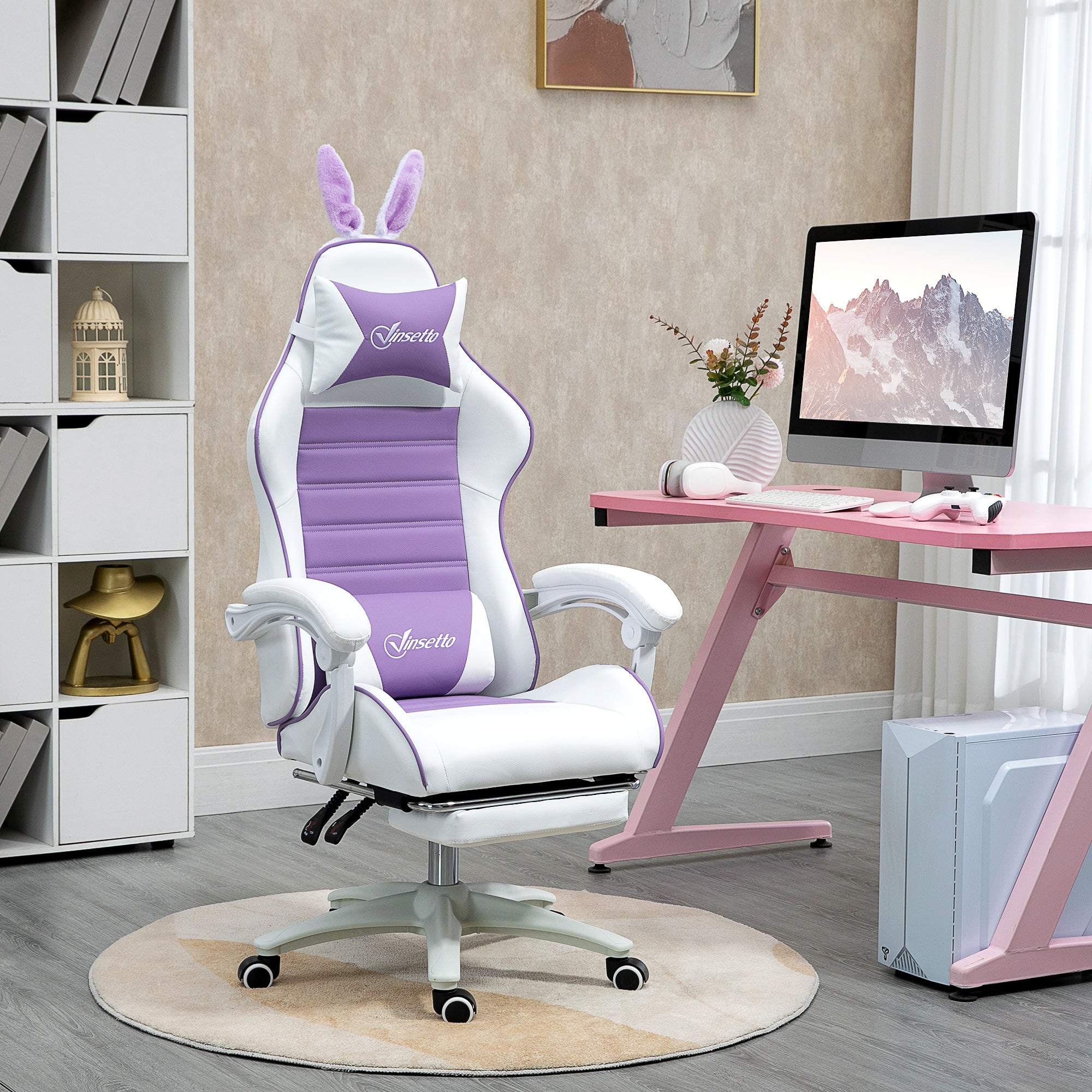 Gaming Chair Ergonomic Gamer Chair with Lumbar Support, Footrest, Gaming Seat with Rabbit Ears, Headrest, Office Chair with Adjustable Backrest Reclining Function Purple