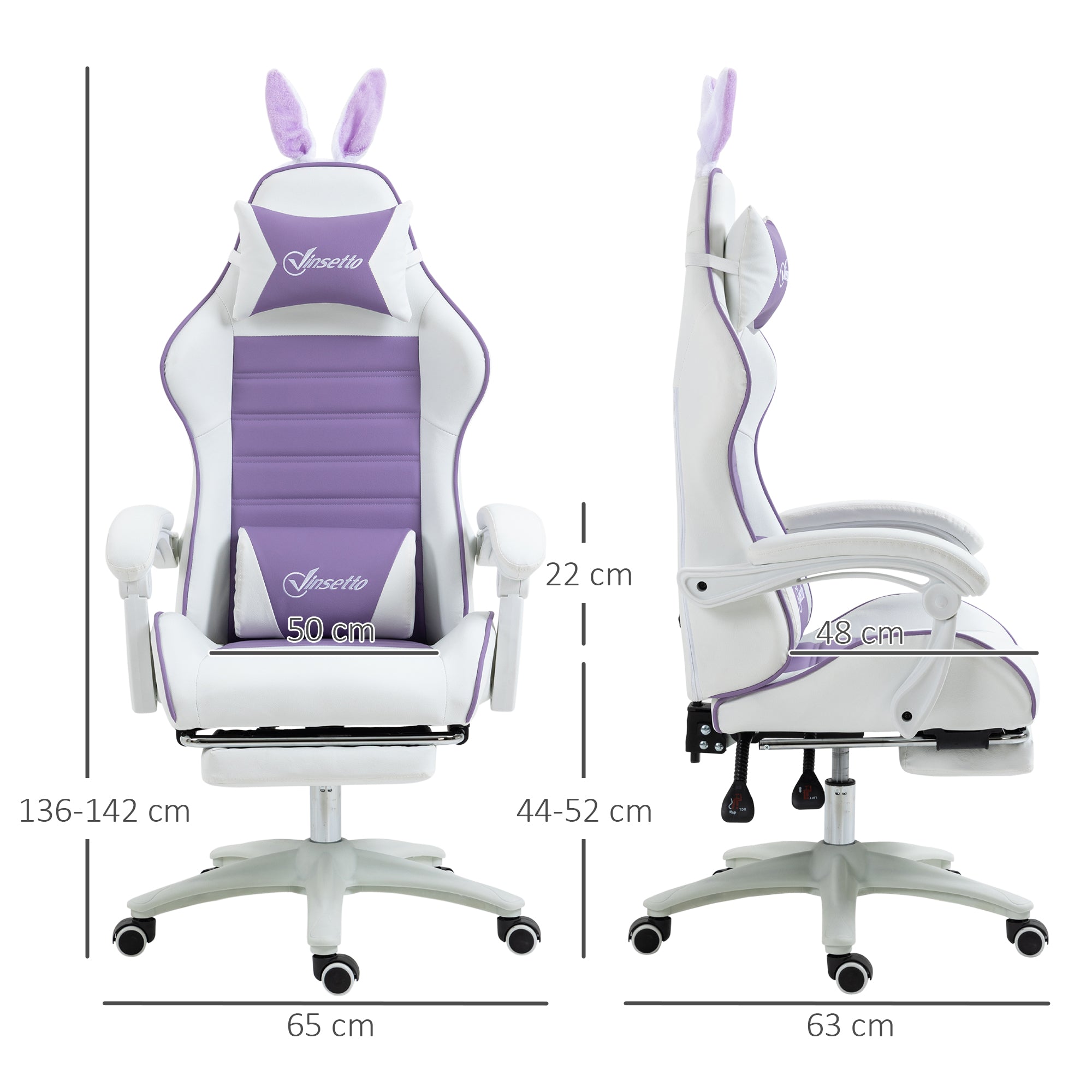 Gaming Chair Ergonomic Gamer Chair with Lumbar Support, Footrest, Gaming Seat with Rabbit Ears, Headrest, Office Chair with Adjustable Backrest Reclining Function Purple