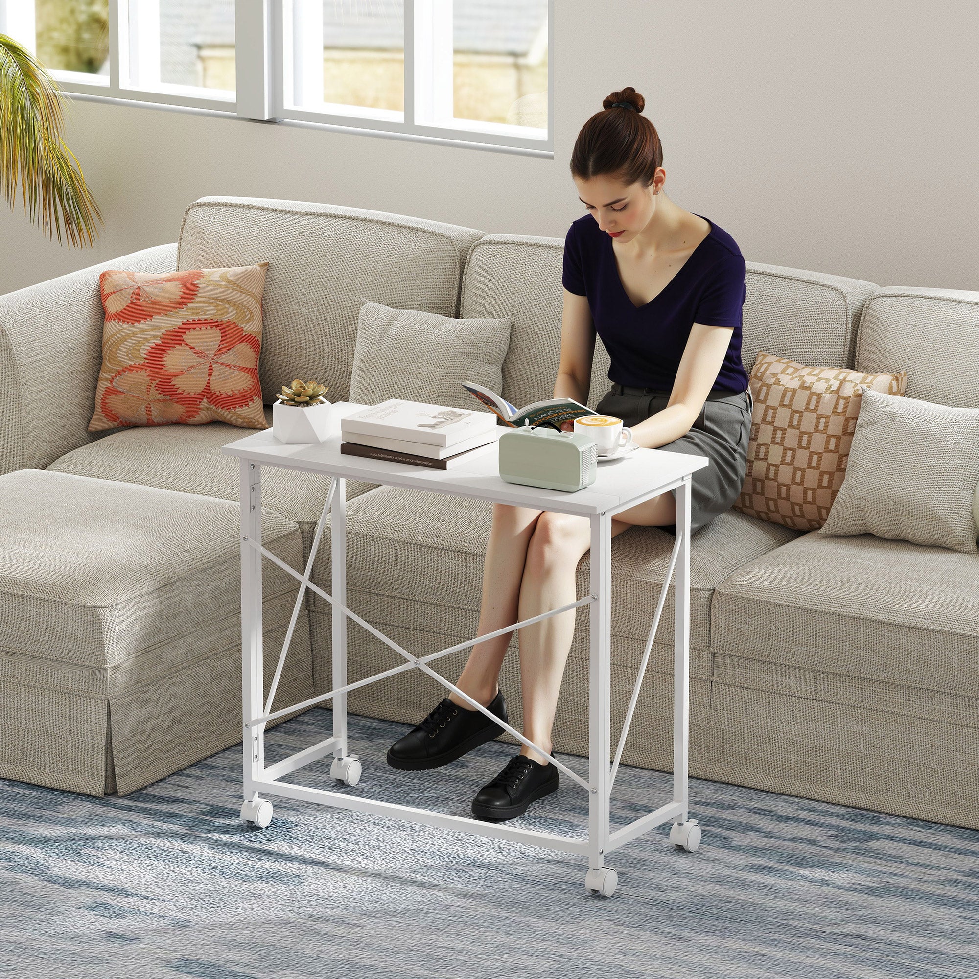 Folding Computer Desk, 31.5 x 15.7 in, Rolling Modern Desk for Home, Bedroom & Small Spaces, White
