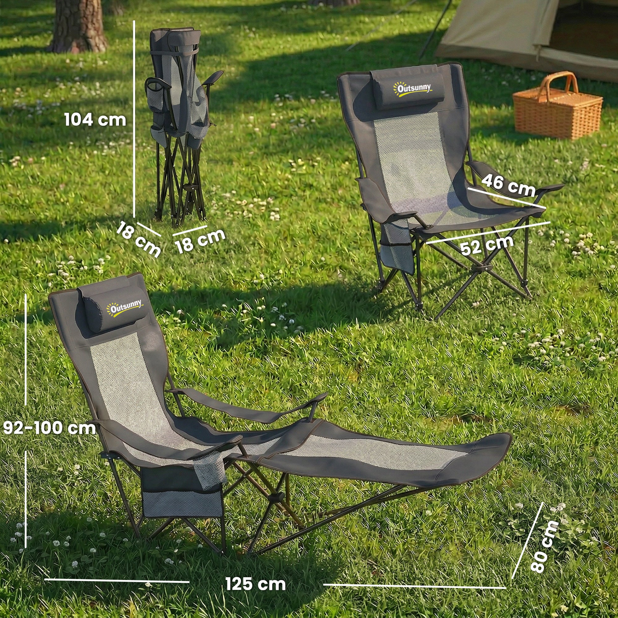 2-Pack Folding Camping Chairs, Adjustable Backrest, Footrest, Cup Holder & Headrest, Garden & Beach Chairs for Adults, Folding Recliners, Up to 265 lb