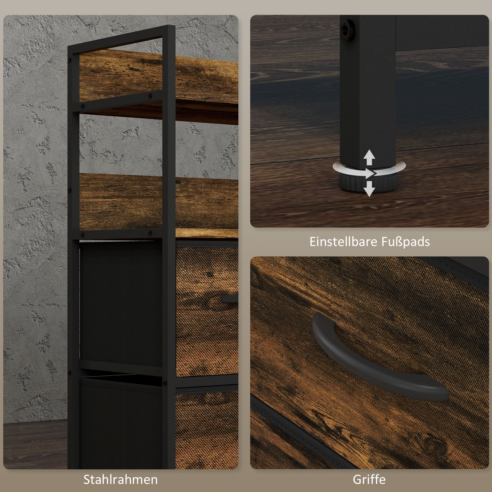 Fabric Drawer Storage Cabinet with 7 Drawers, Shelving Unit with Steel Frame Storage Cabinet for Bedroom, Living Room Rustic Brown