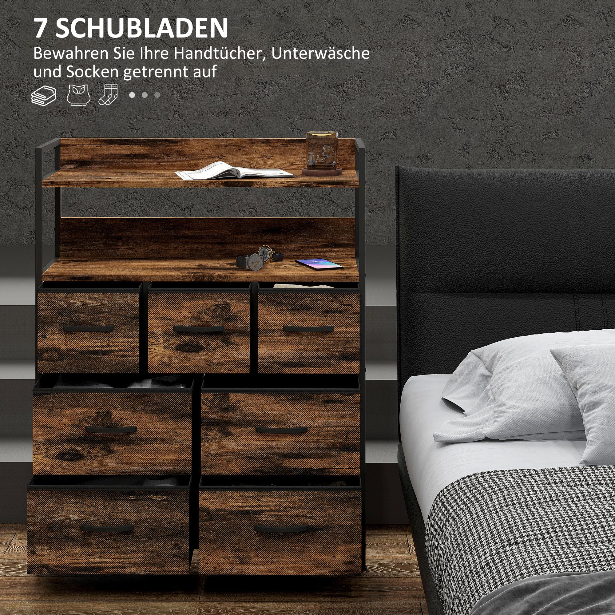 Fabric Drawer Storage Cabinet with 7 Drawers, Shelving Unit with Steel Frame Storage Cabinet for Bedroom, Living Room Rustic Brown