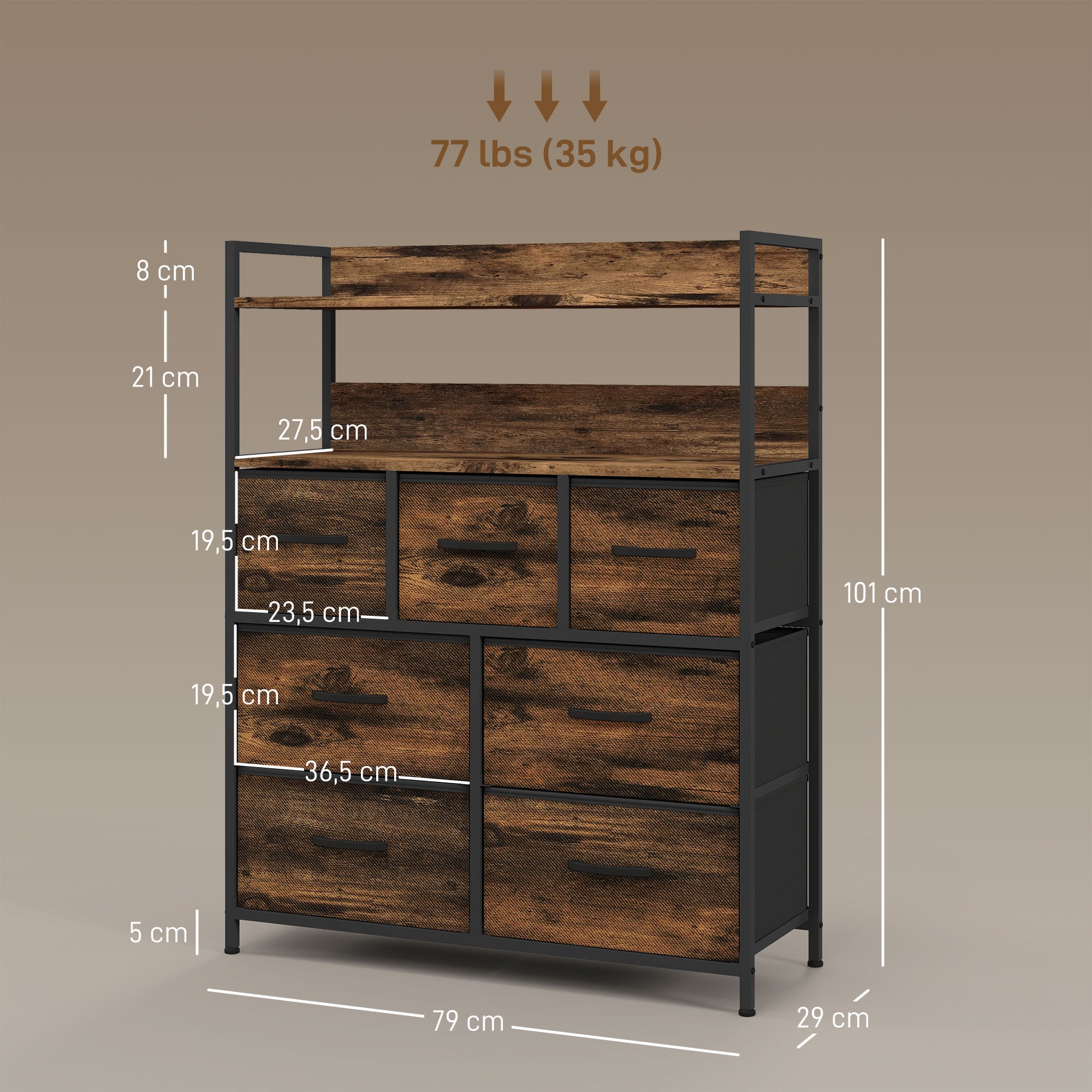 Fabric Drawer Storage Cabinet with 7 Drawers, Shelving Unit with Steel Frame Storage Cabinet for Bedroom, Living Room Rustic Brown