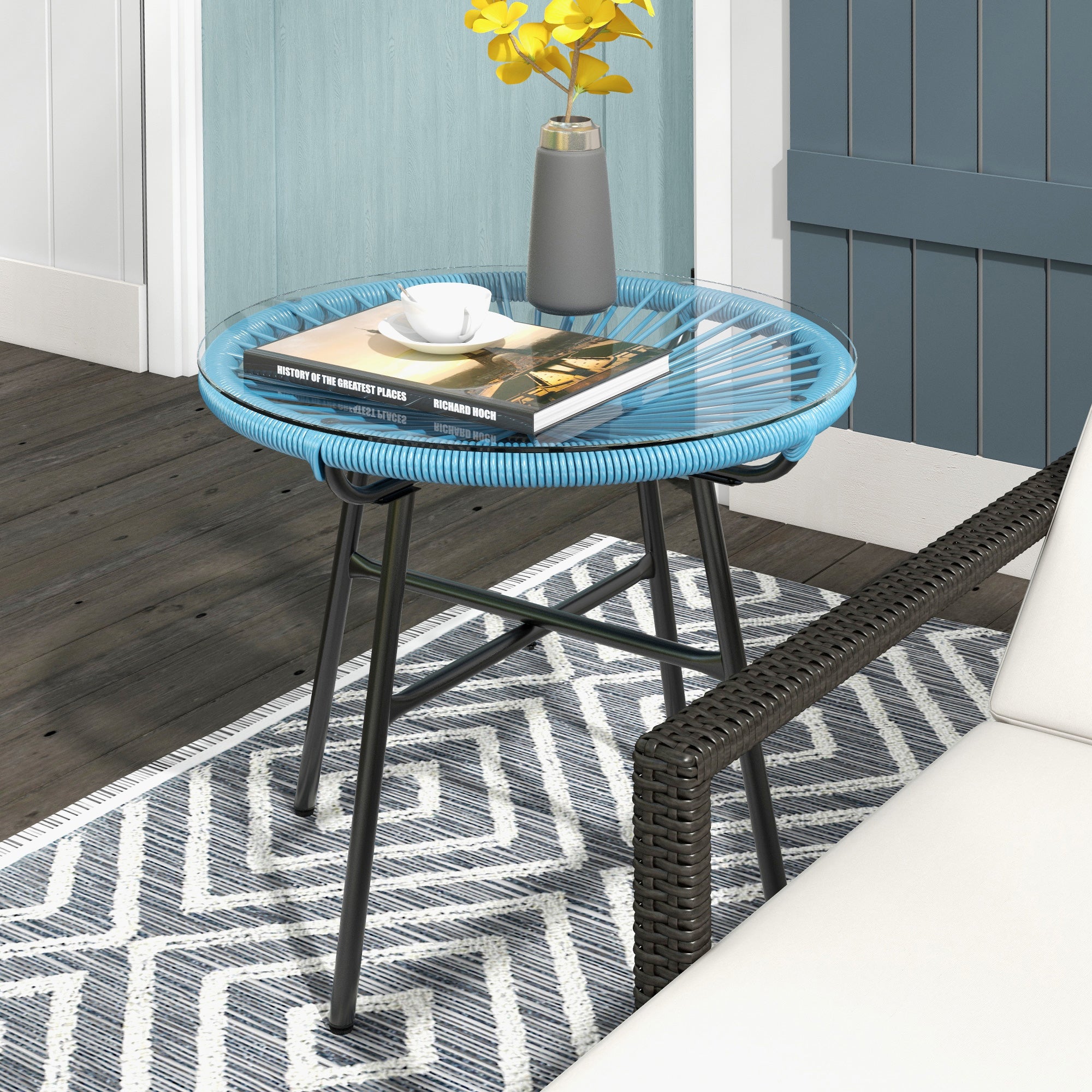Round Garden Coffee Table in Resin Rattan Look Metal and Tempered Glass Top Ø 50 x 50 cm Blue