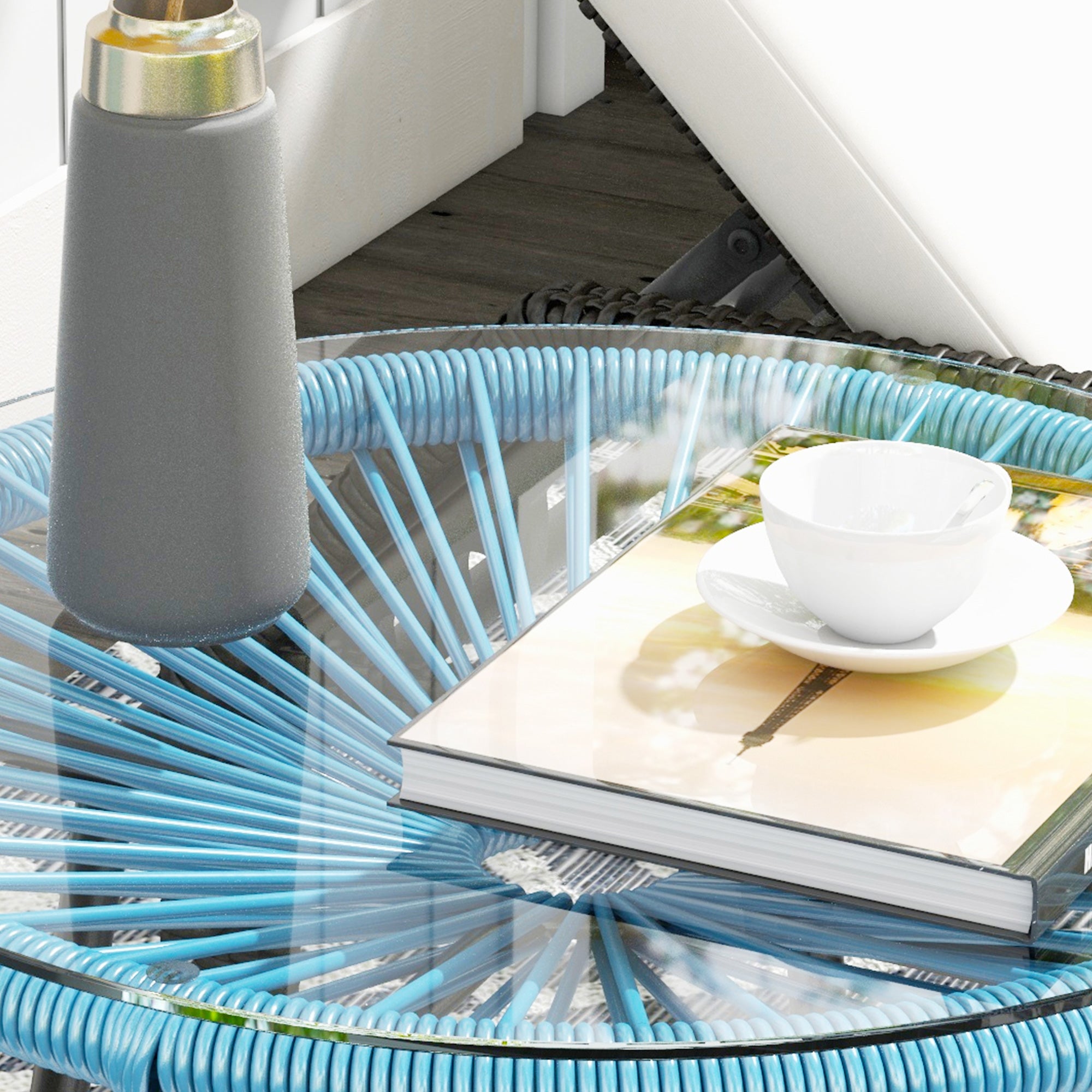 Round Garden Coffee Table in Resin Rattan Look Metal and Tempered Glass Top Ø 50 x 50 cm Blue