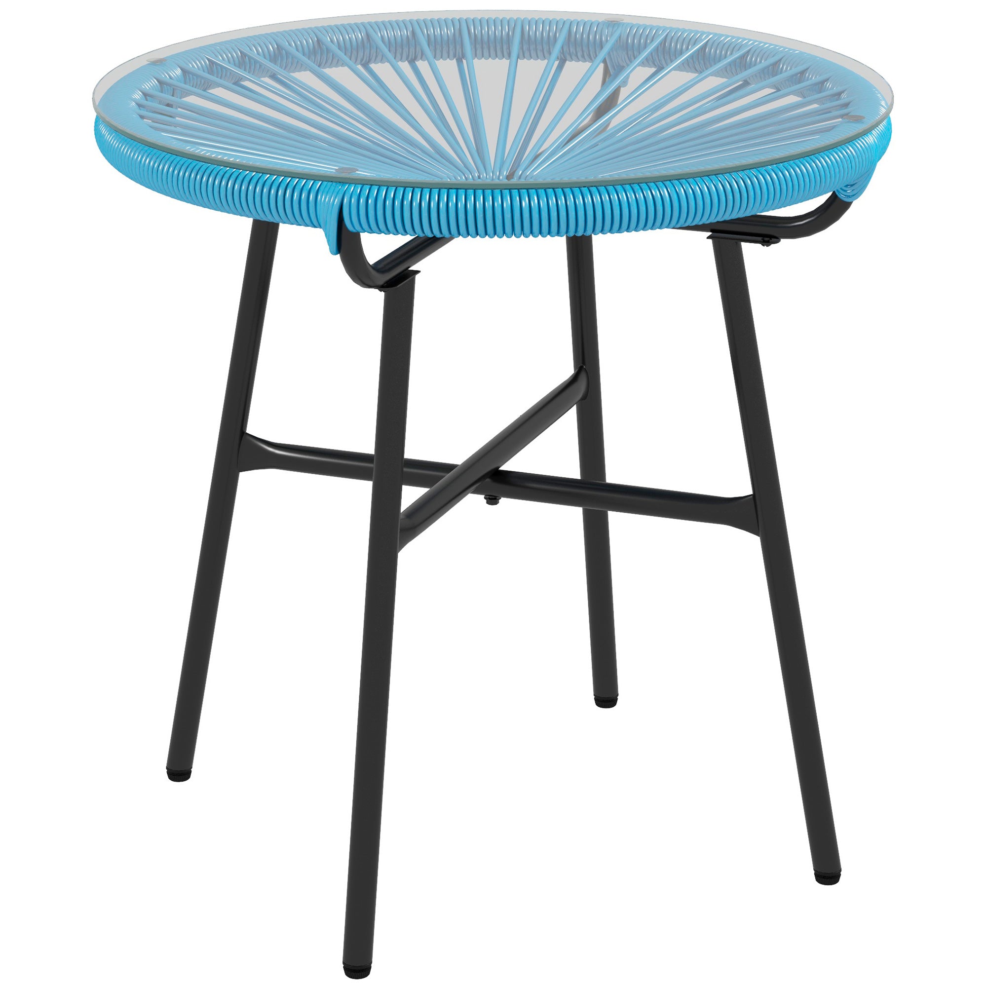 Round Garden Coffee Table in Resin Rattan Look Metal and Tempered Glass Top Ø 50 x 50 cm Blue