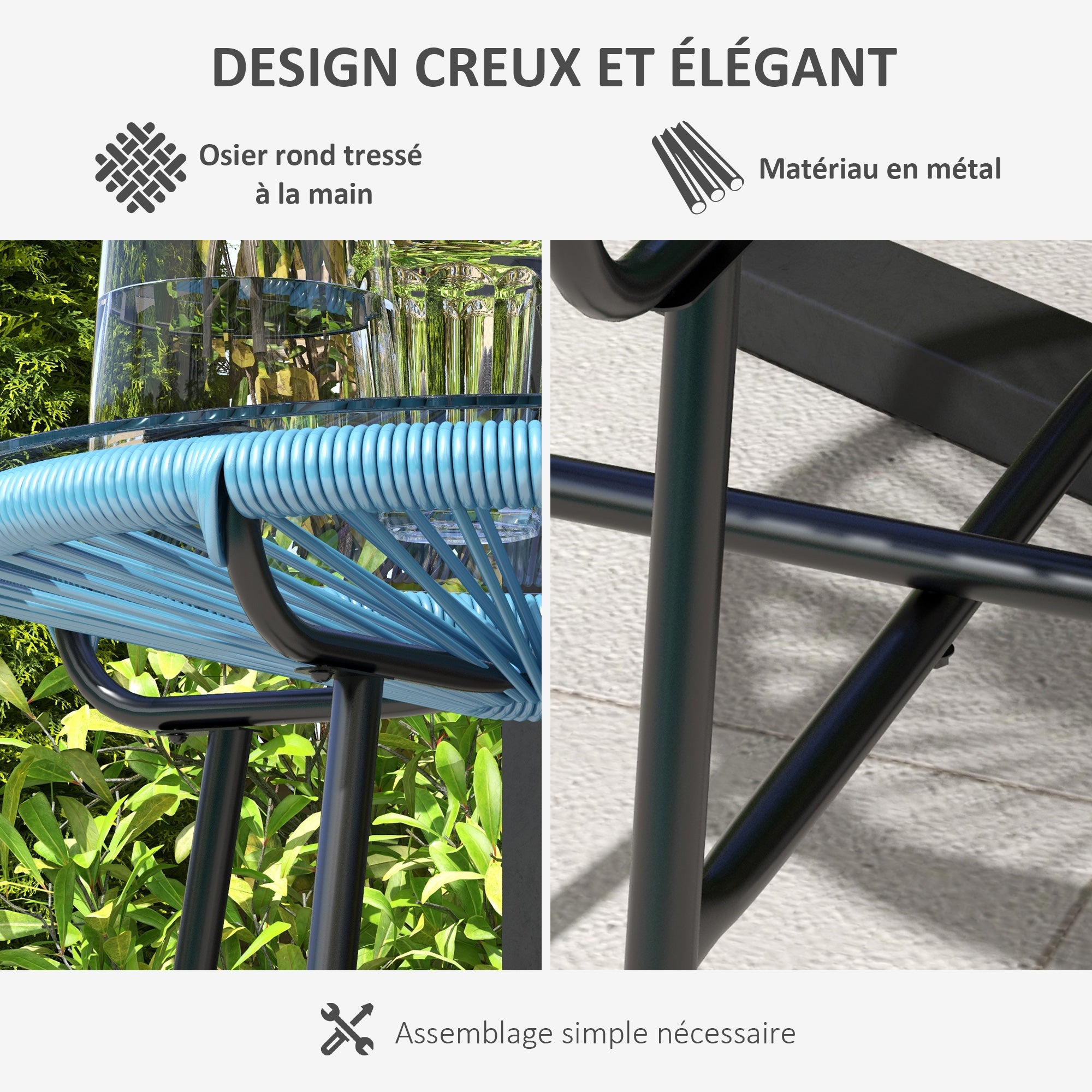 Round Garden Coffee Table in Resin Rattan Look Metal and Tempered Glass Top Ø 50 x 50 cm Blue