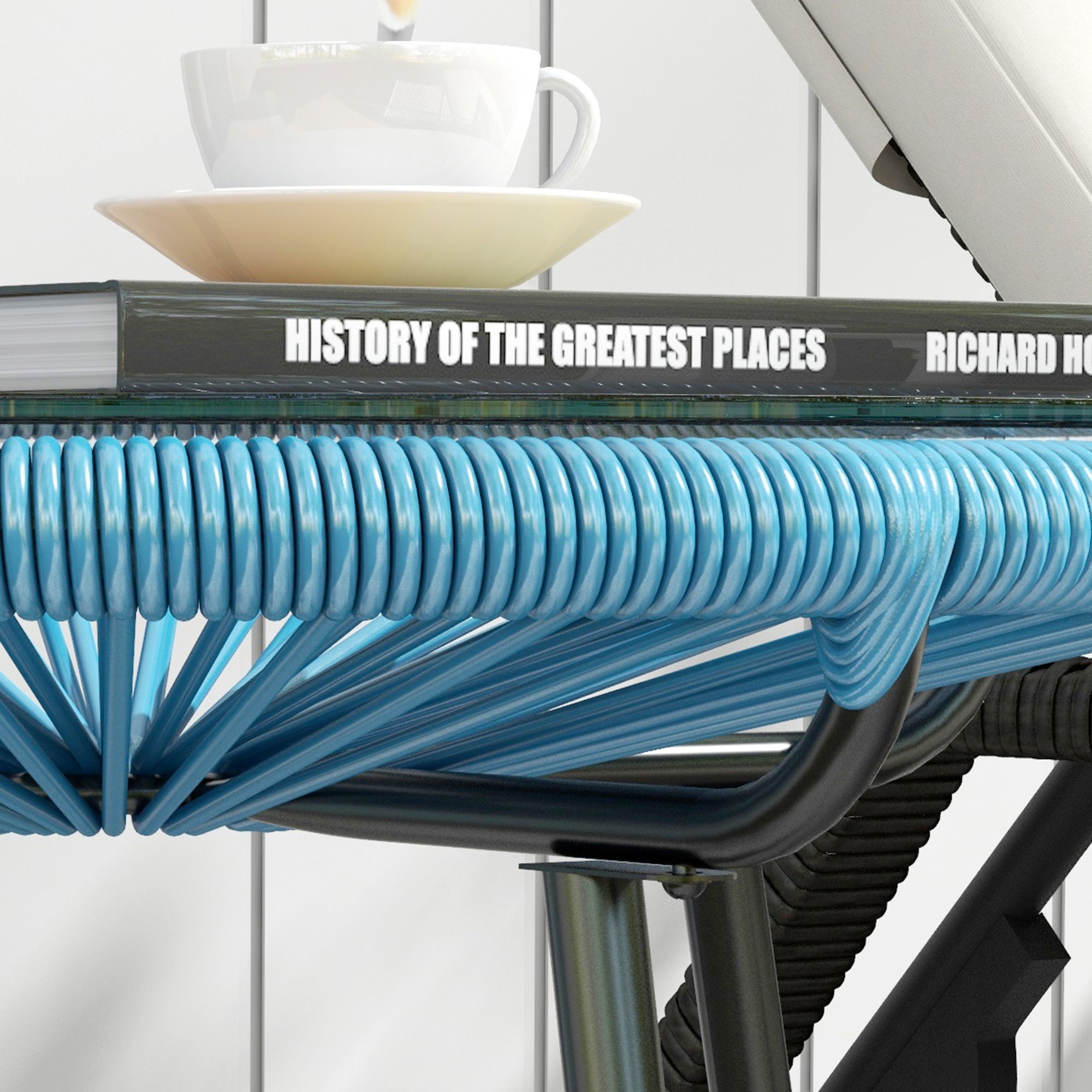 Round Garden Coffee Table in Resin Rattan Look Metal and Tempered Glass Top Ø 50 x 50 cm Blue