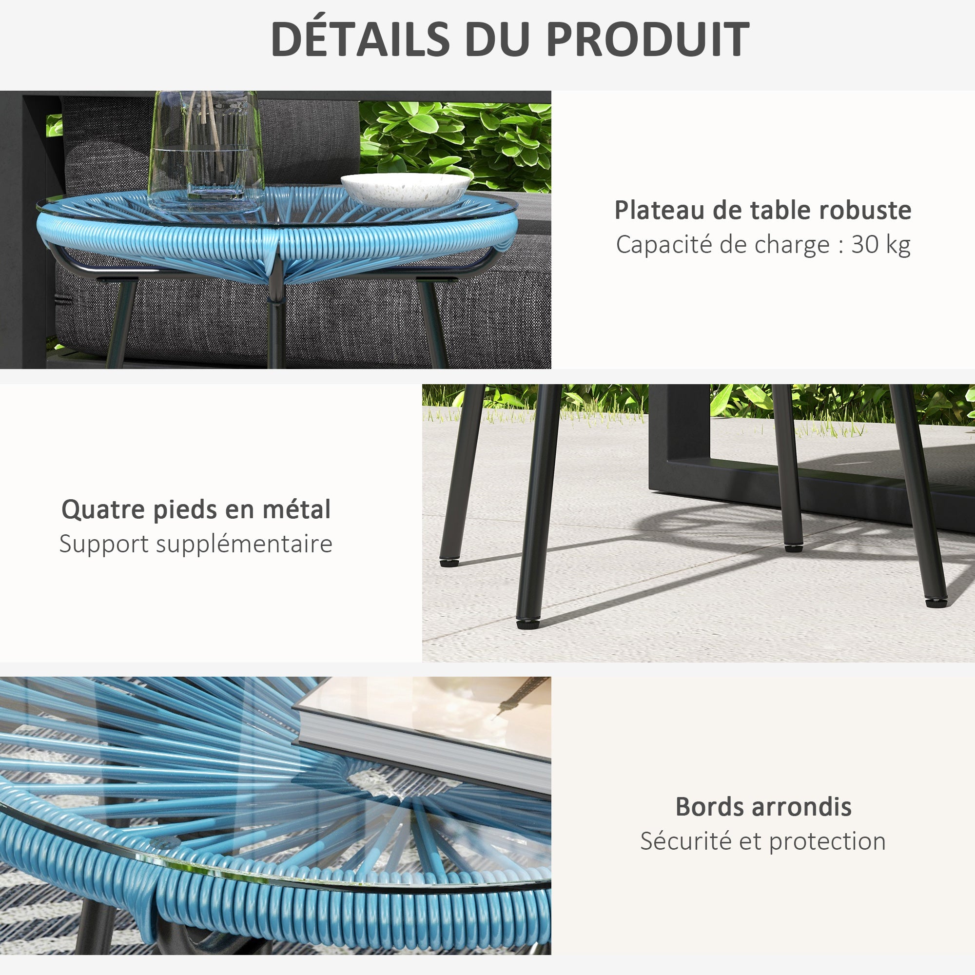 Round Garden Coffee Table in Resin Rattan Look Metal and Tempered Glass Top Ø 50 x 50 cm Blue