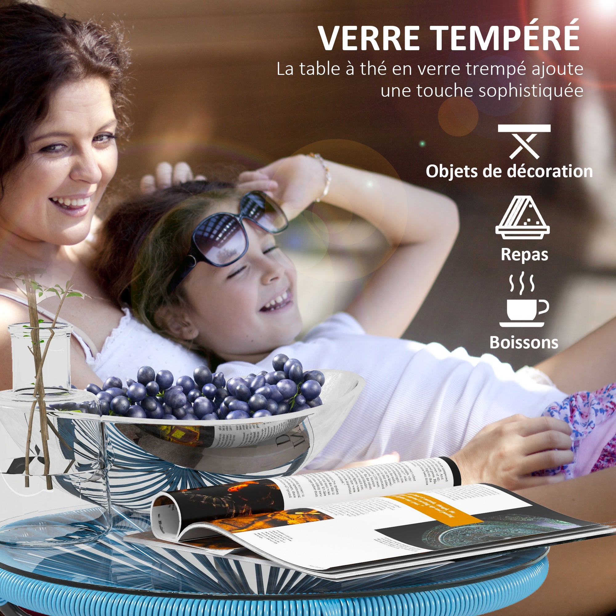 Round Garden Coffee Table in Resin Rattan Look Metal and Tempered Glass Top Ø 50 x 50 cm Blue