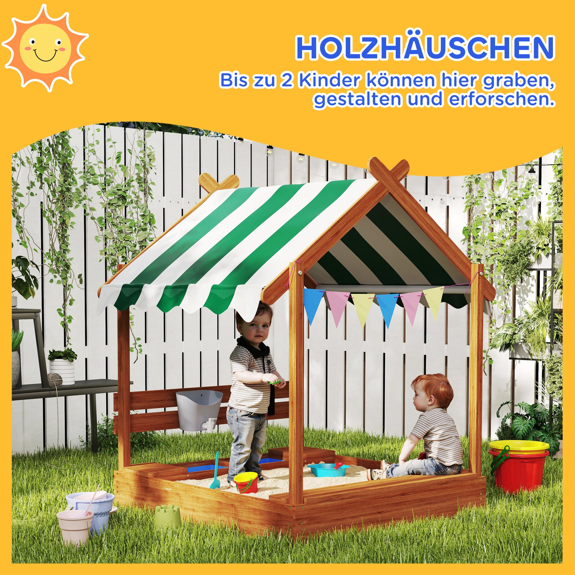 Sandbox with Roof, Wooden Sandbox with Seating Area, Playhouse, 124 x 116 x 146 cm Sandbox with Chalkboard for 3-7 Year Olds, Garden, Green