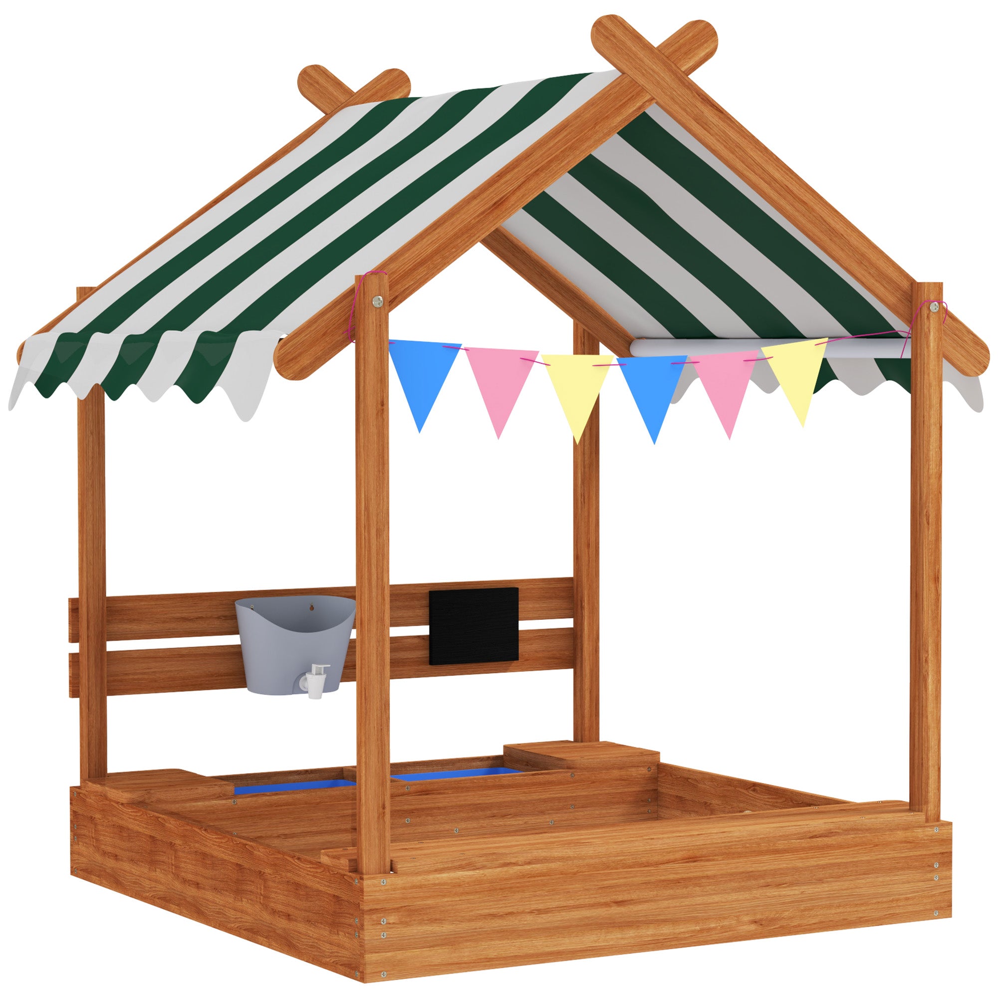 Sandbox with Roof, Wooden Sandbox with Seating Area, Playhouse, 124 x 116 x 146 cm Sandbox with Chalkboard for 3-7 Year Olds, Garden, Green