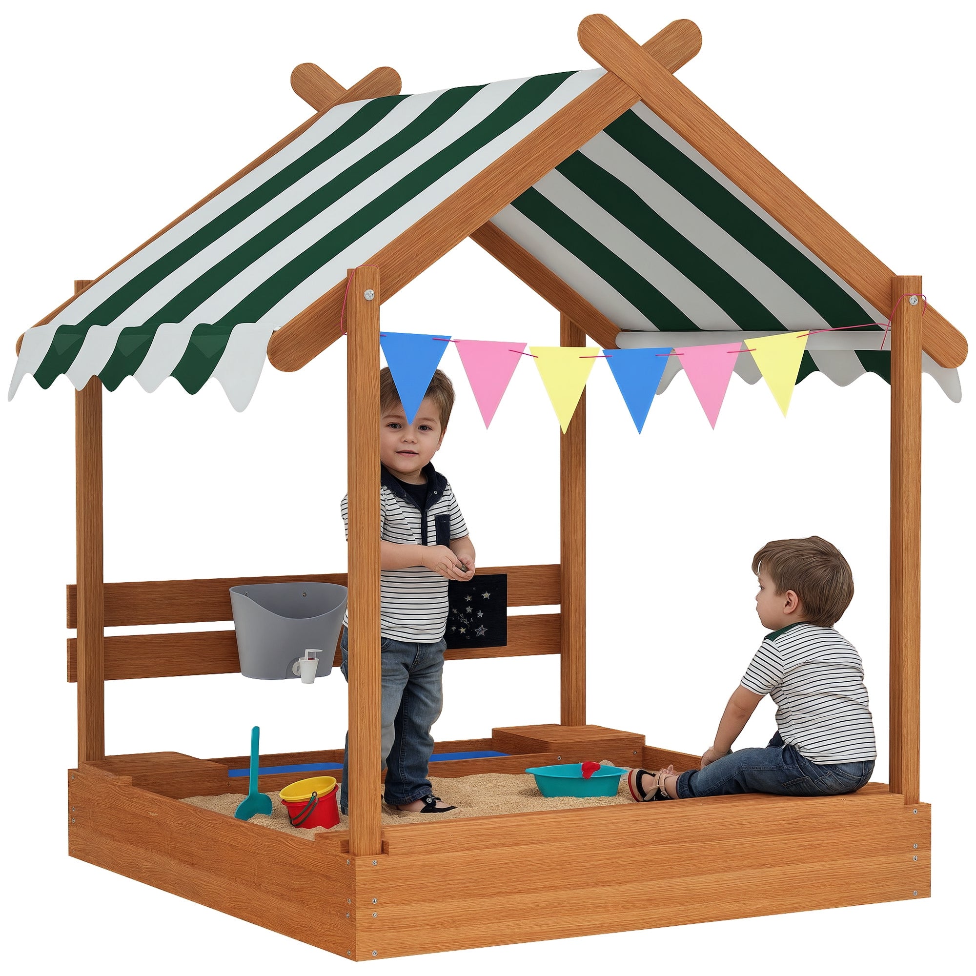 Sandbox with Roof, Wooden Sandbox with Seating Area, Playhouse, 124 x 116 x 146 cm Sandbox with Chalkboard for 3-7 Year Olds, Garden, Green