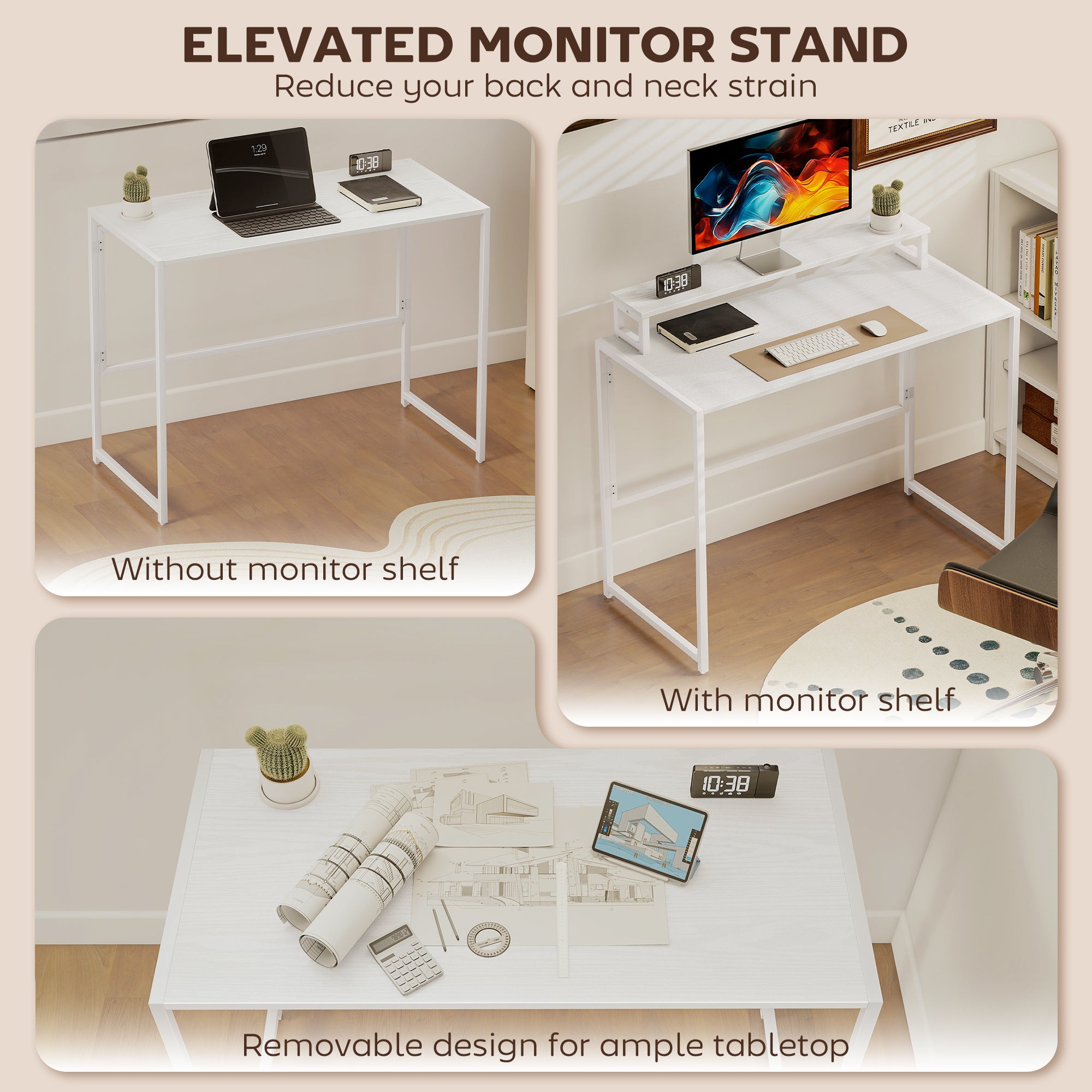 Folding Computer Desk with Monitor Riser, Steel Frame, 39.4 x 18.9 x 34.4 in (100 x 48 x 87.5 cm), White