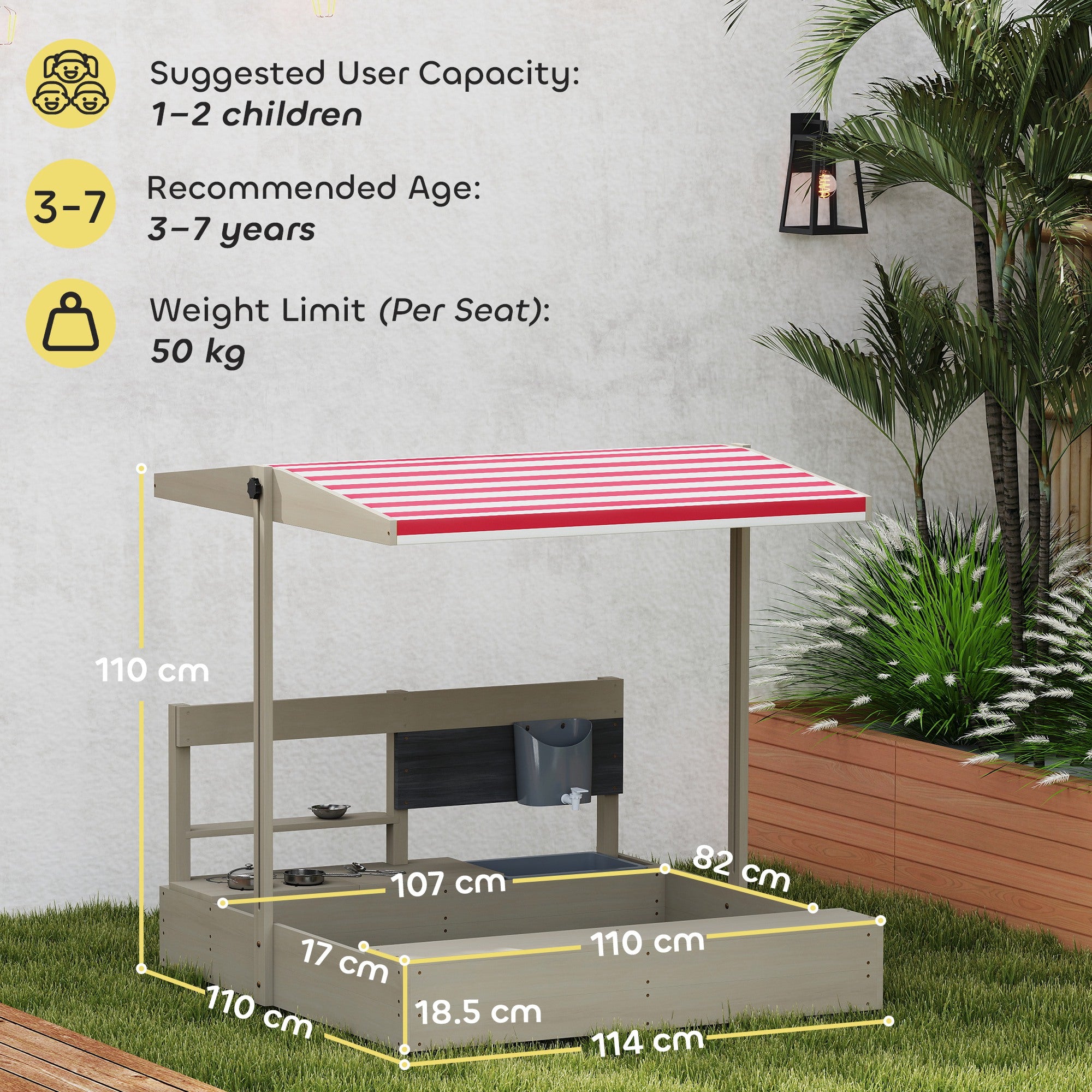 Wooden Sandbox for Kids with Adjustable Canopy Children's Sandbox with Kitchen Toys Chalkboard and Bench Playset for Kids 3-7 Years Old for Patio Garden 114x110x110 cm Gray