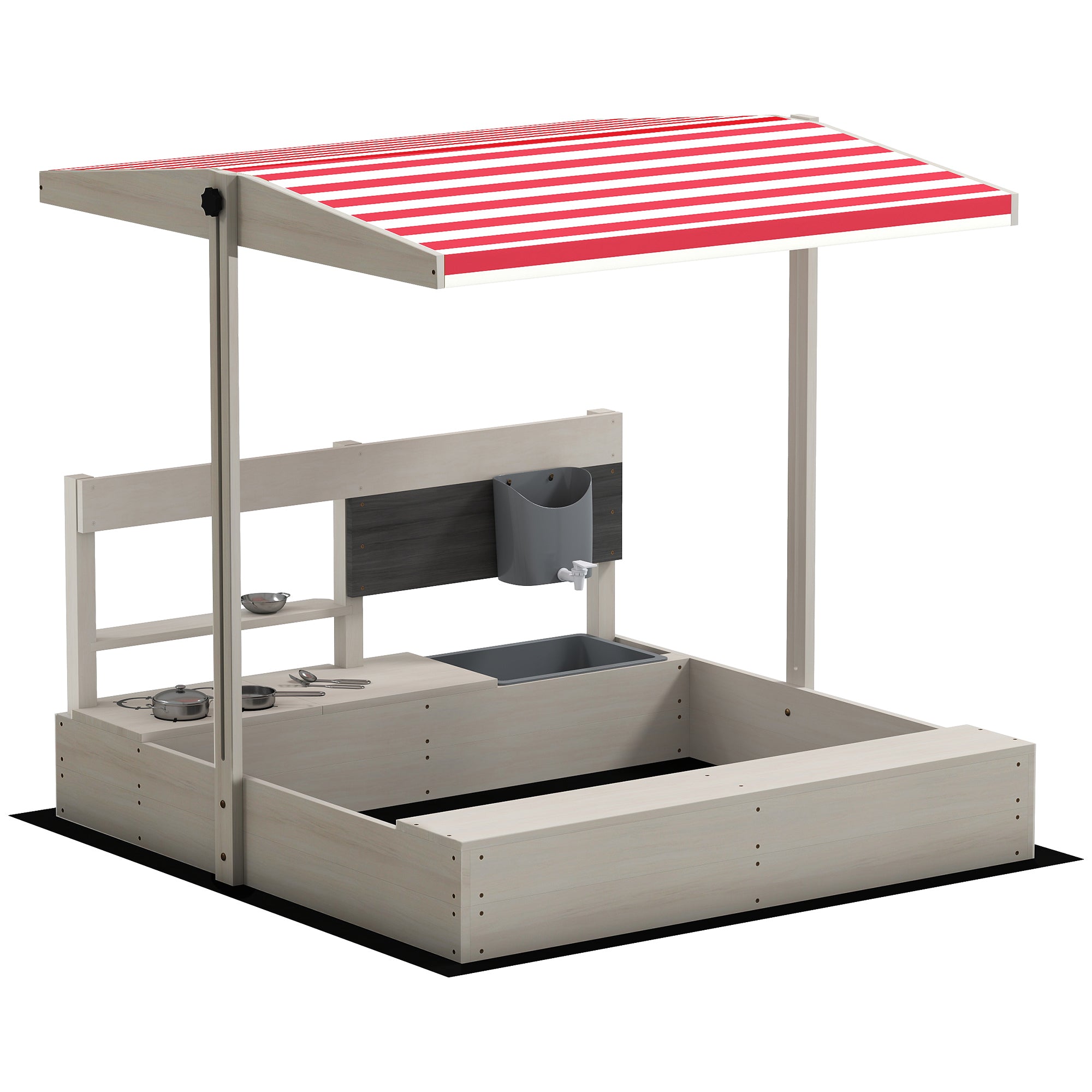 Wooden Sandbox for Kids with Adjustable Canopy Children's Sandbox with Kitchen Toys Chalkboard and Bench Playset for Kids 3-7 Years Old for Patio Garden 114x110x110 cm Gray