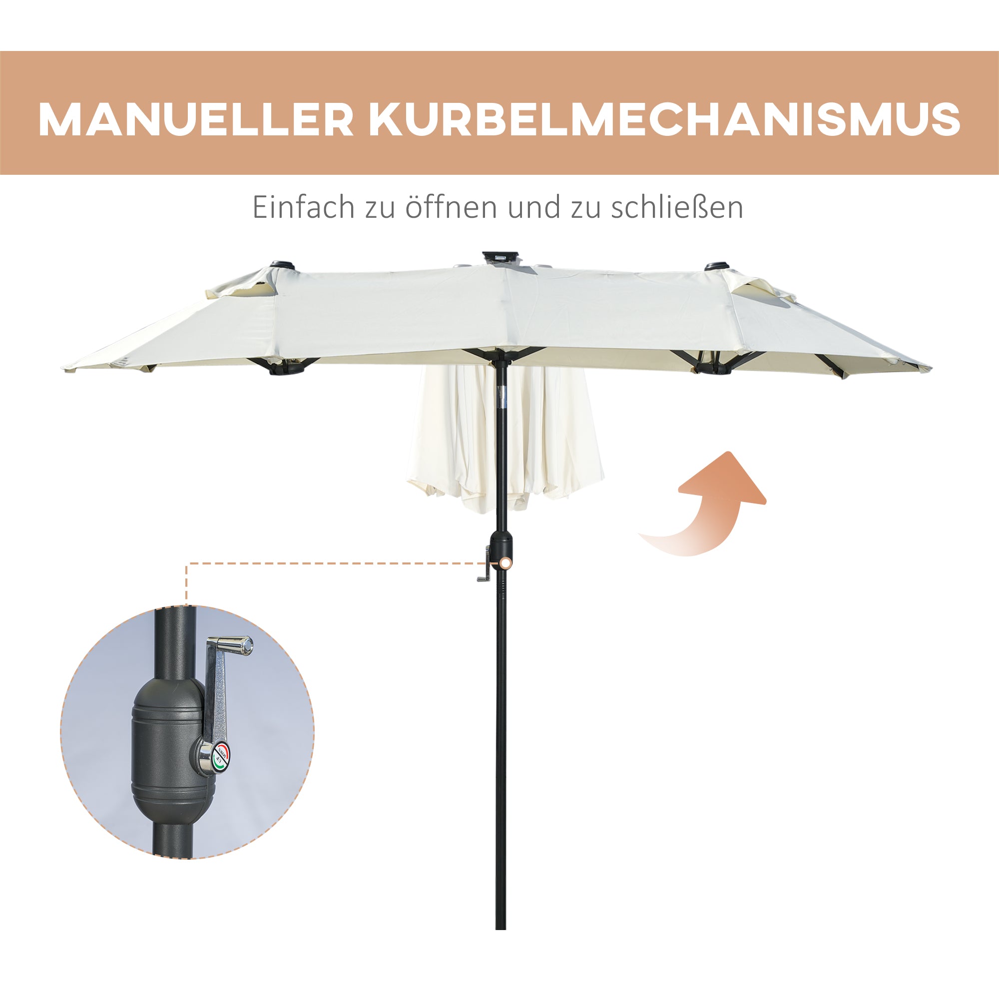 Double Sun Umbrella, 295 x 219cm, Sun Umbrella with LED Lights, Oval, Windproof Garden Umbrella, Sturdy, Market Umbrella with Adjustable Tilt Angle for Patio, Pool, Polyester, Steel, Beige