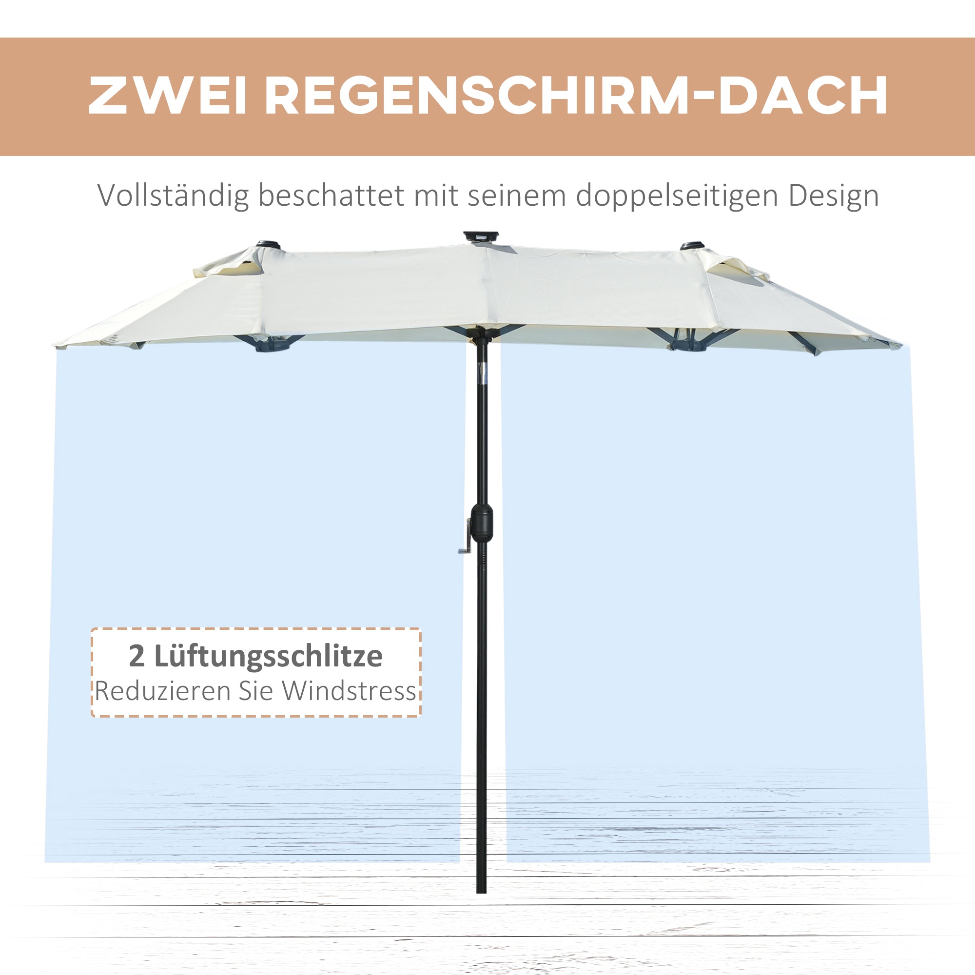 Double Sun Umbrella, 295 x 219cm, Sun Umbrella with LED Lights, Oval, Windproof Garden Umbrella, Sturdy, Market Umbrella with Adjustable Tilt Angle for Patio, Pool, Polyester, Steel, Beige
