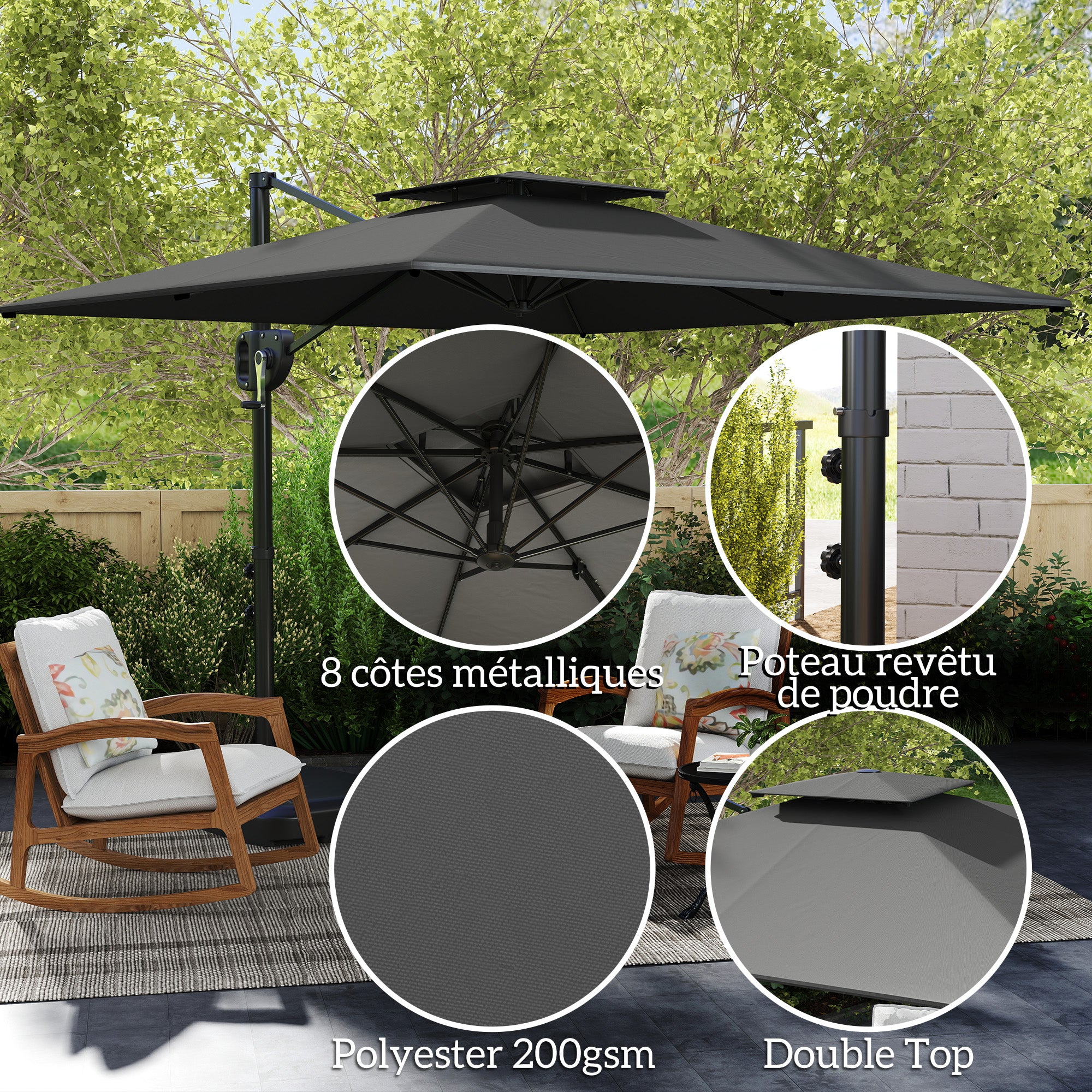 Square Offset Garden Umbrella 2.5 x 2.5m, Outdoor Crank Umbrella with 2 Bases Included, 200gsm Polyester Canopy, Double Roof, 8 Ribs, Dark Grey