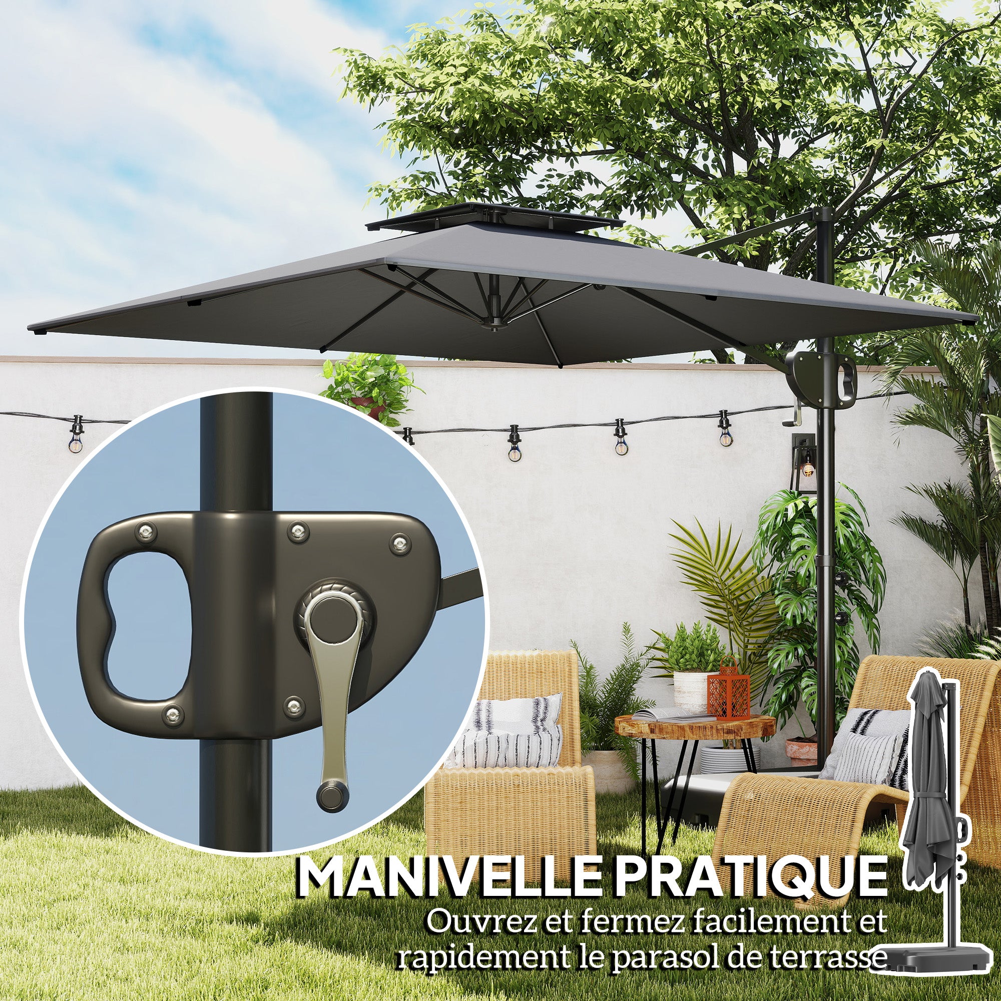Square Offset Garden Umbrella 2.5 x 2.5m, Outdoor Crank Umbrella with 2 Bases Included, 200gsm Polyester Canopy, Double Roof, 8 Ribs, Dark Grey