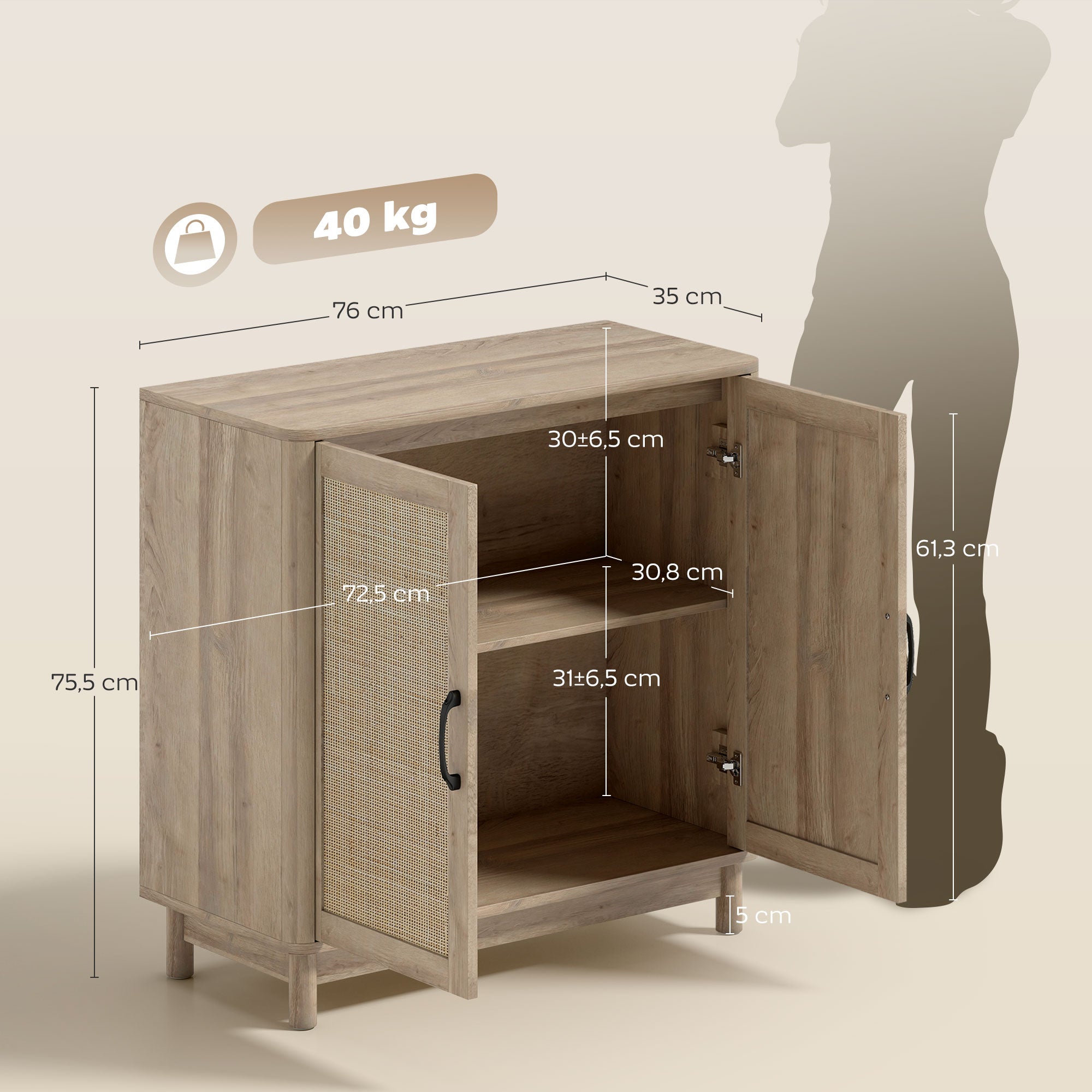 Boho Sideboard with Rattan Doors, Adjustable Shelf & Rounded Edges — Oak Finish, 30 x 13.8 x 29.7 in